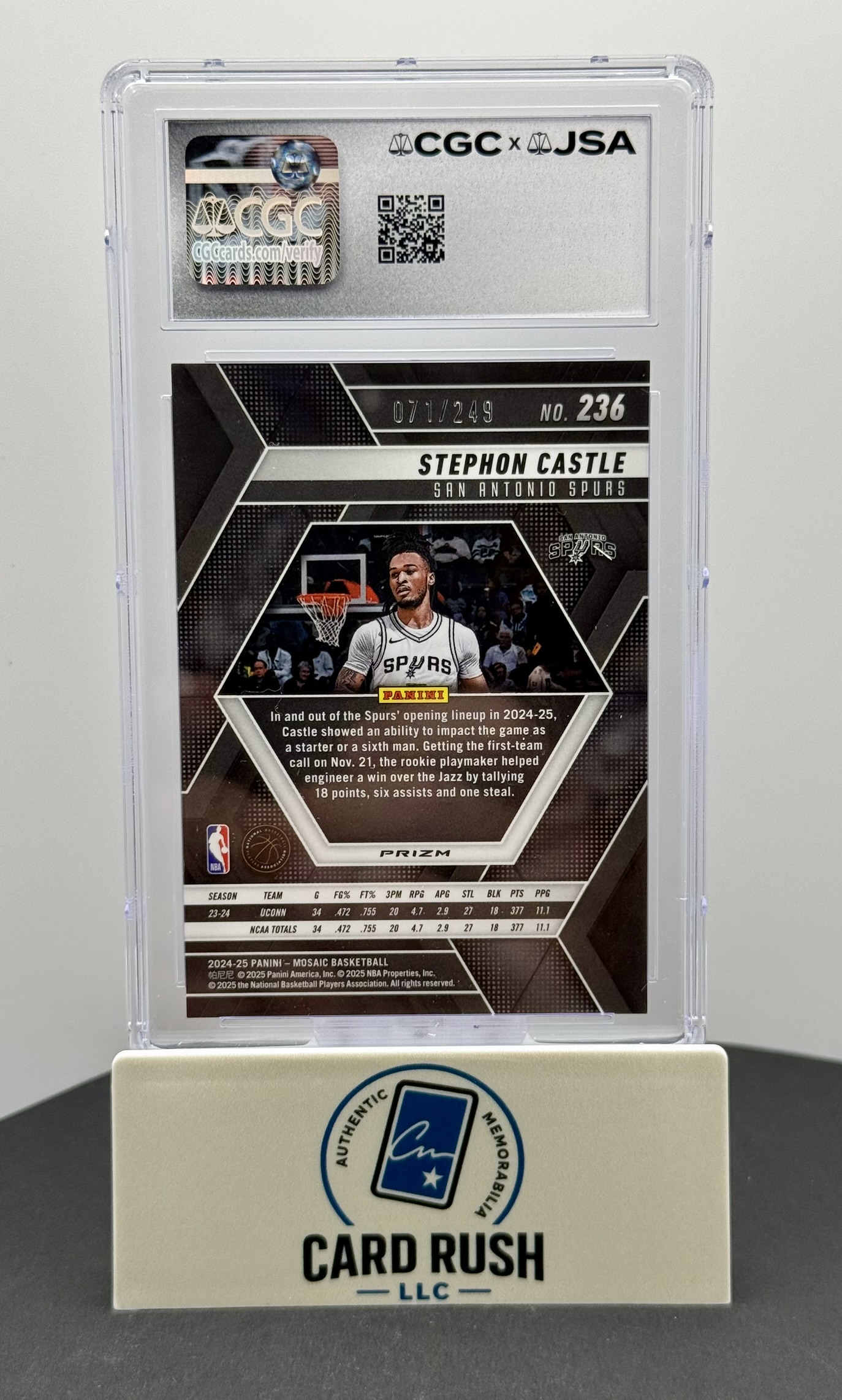 2024-25 Panini Mosaic Stephon Castle Purple Fluorescent RC Auto #236 /249 CGC x JSA Authentic, back