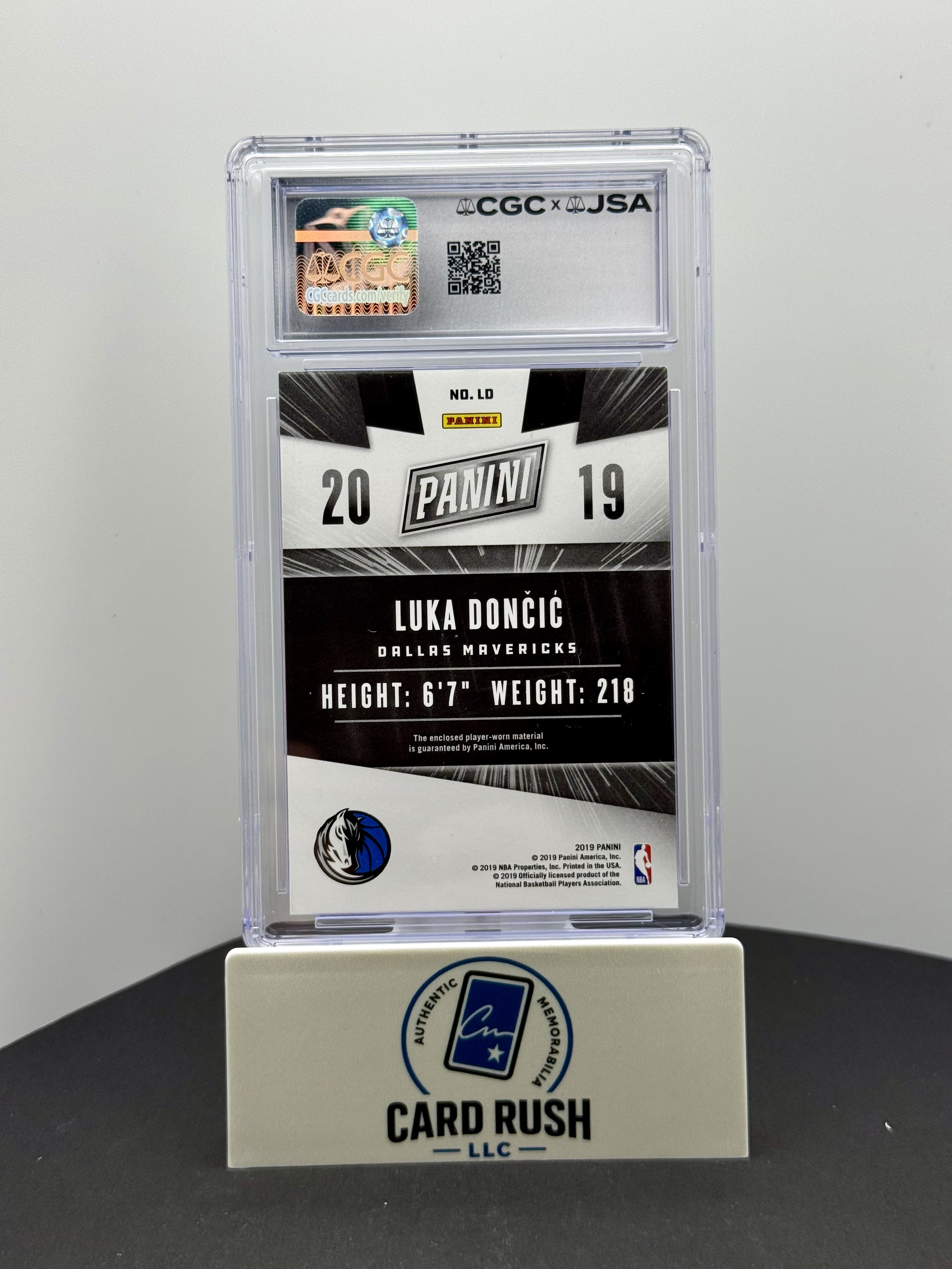 2019-20 Panini National Convention Memorabilia Pyramids Luka Doncic #LD Jersey Patch IP Autograph 3/5 CGC/JSA Authentic Auto, back