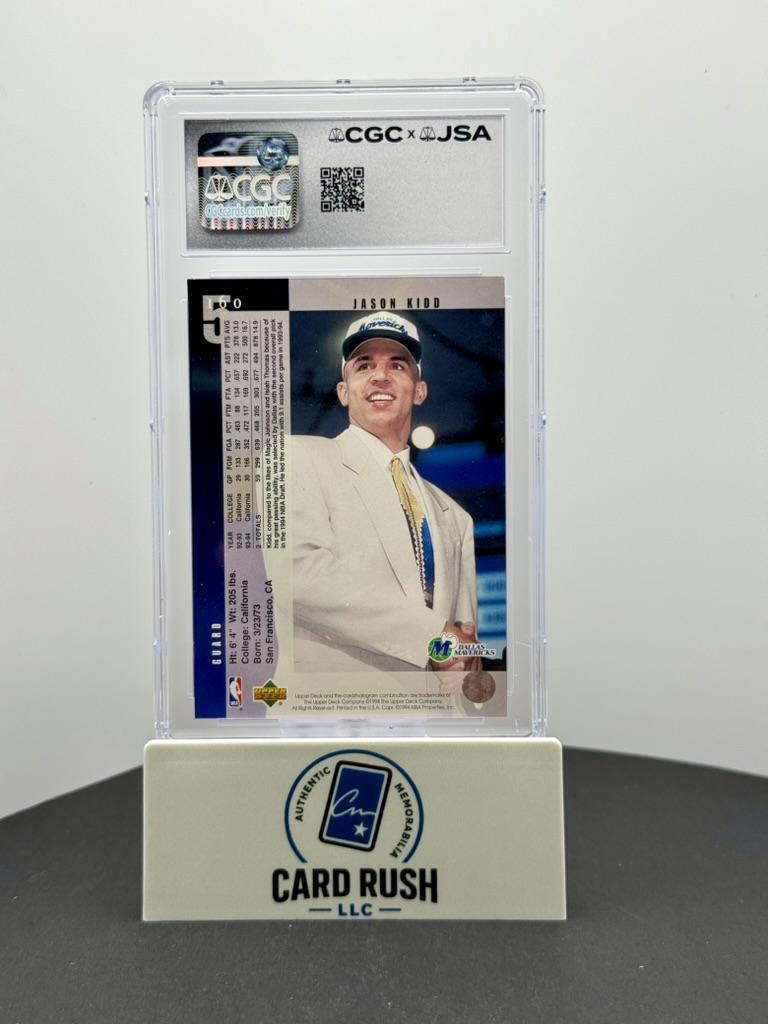 1994-95 Upper Deck Jason Kidd RC #160 Dallas Mavericks Rookie Auto CGC/JSA Authentic IP Autograph, back