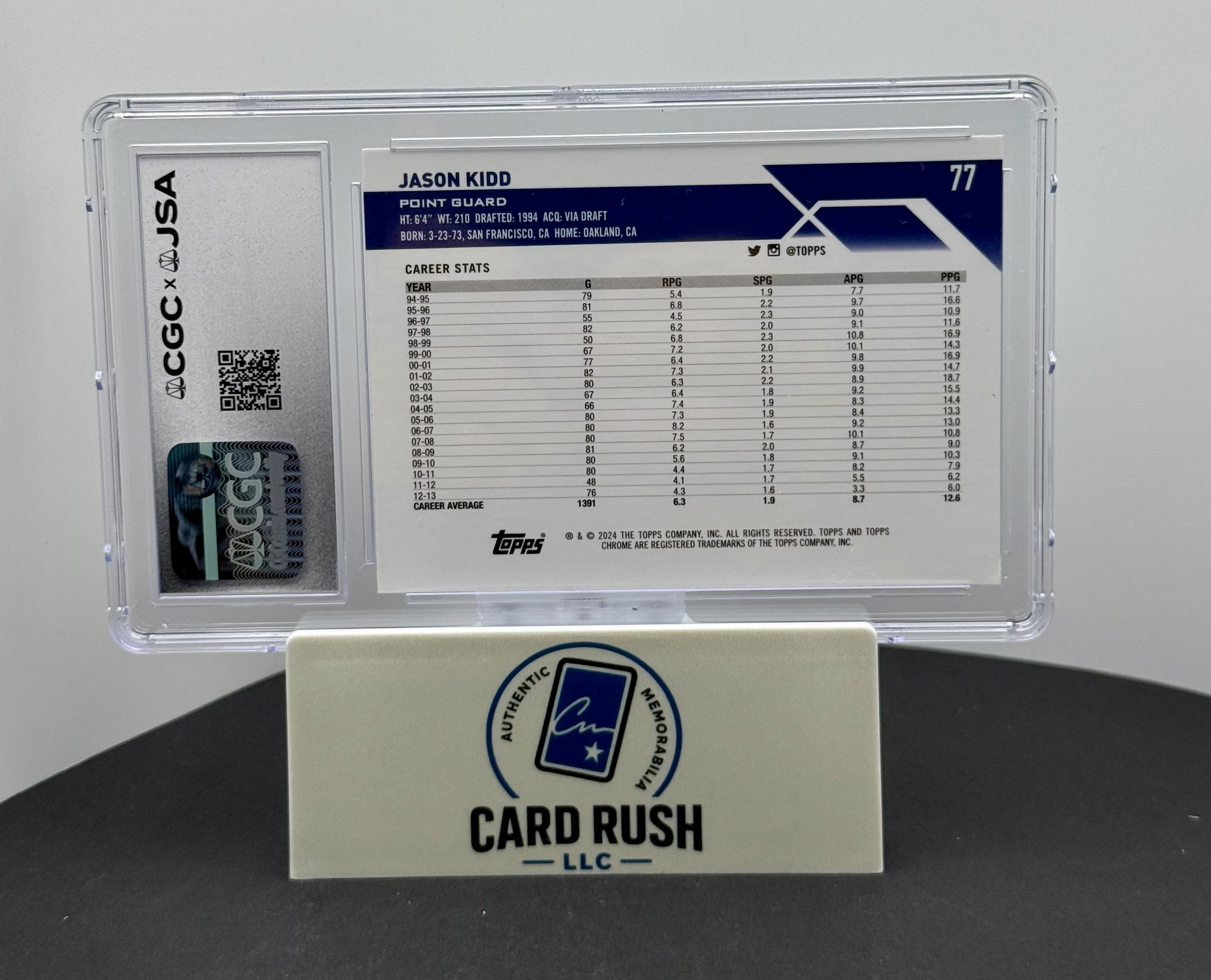 2023-24 Topps Chrome Jason Kidd Blue Refractor Auto #77 CGC/JSA Authentic Autograph - Dallas Mavericks, back