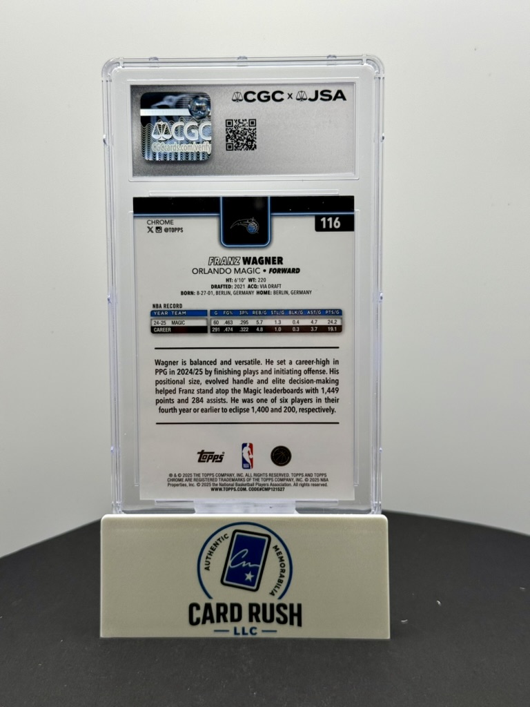2025-26 Topps Chrome Franz Wagner Auto CGC/JSA Authentic In-Person Autograph, back
