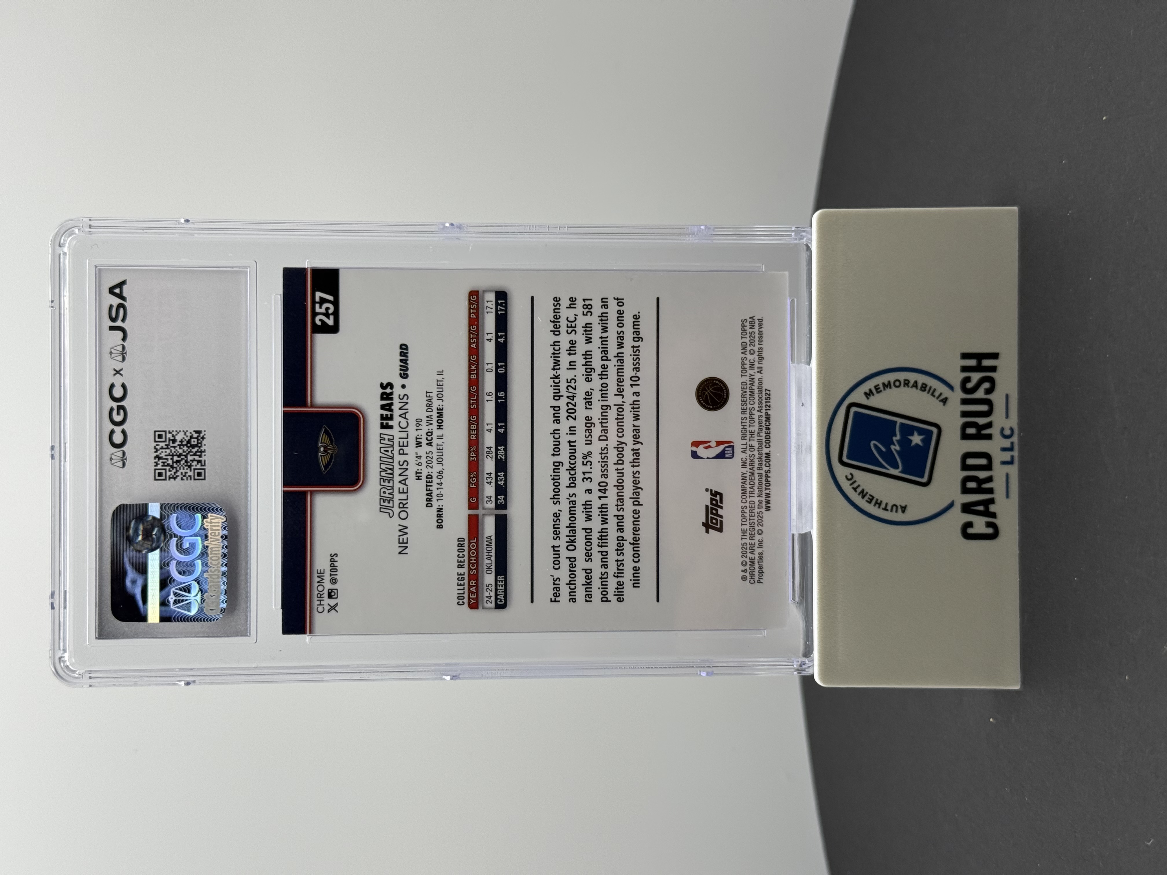 2025-26 Topps Chrome Jeremiah Fears RayWave Refractor RC IP Auto #257 New Orleans Pelicans CGC/JSA Authentic Autograph, back