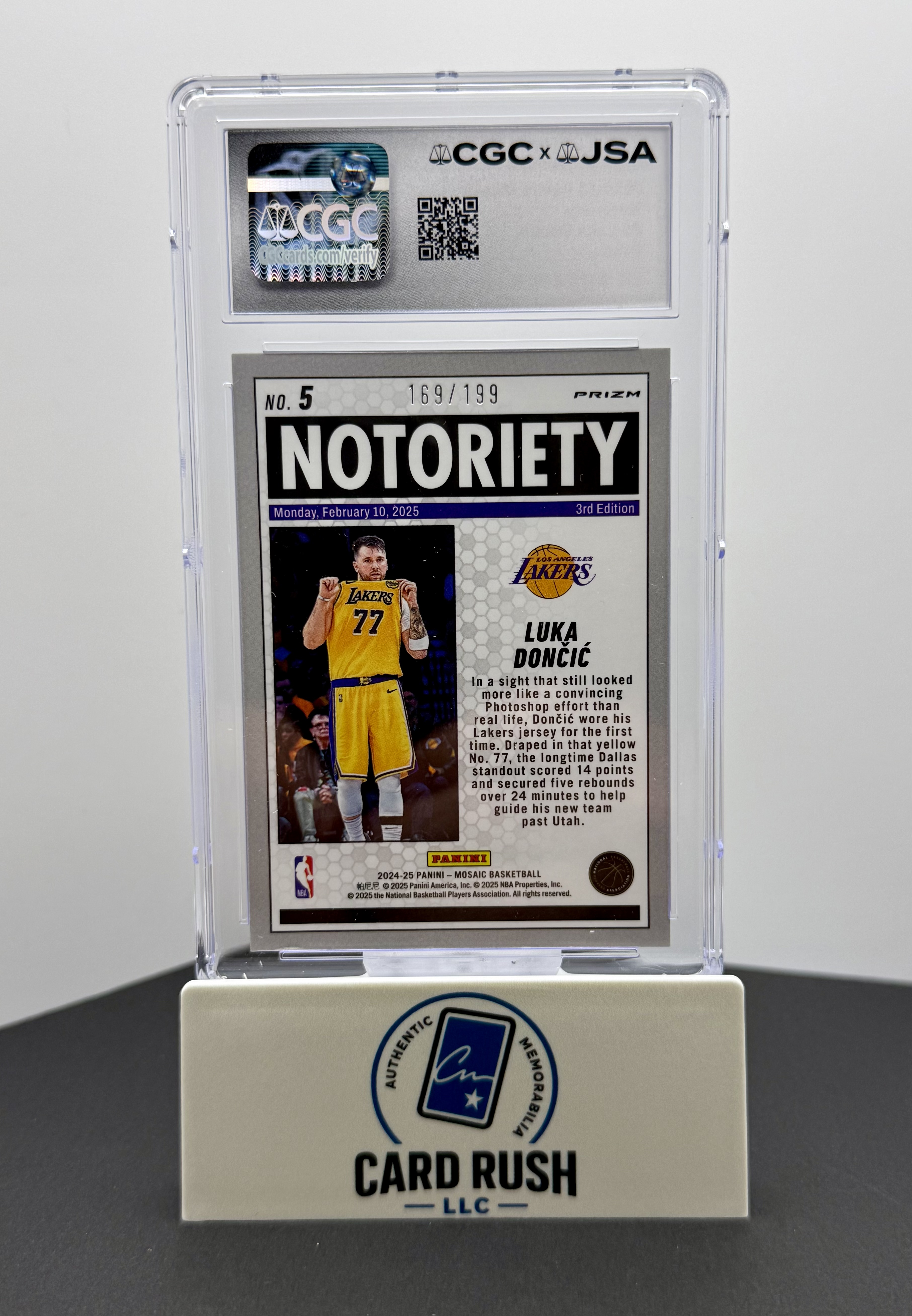 2024-25 Panini Mosaic Notoriety Blue Luka Doncic Autograph Los Angeles Lakers Card CGC/JSA Authentic IP Auto Numbered /199, back