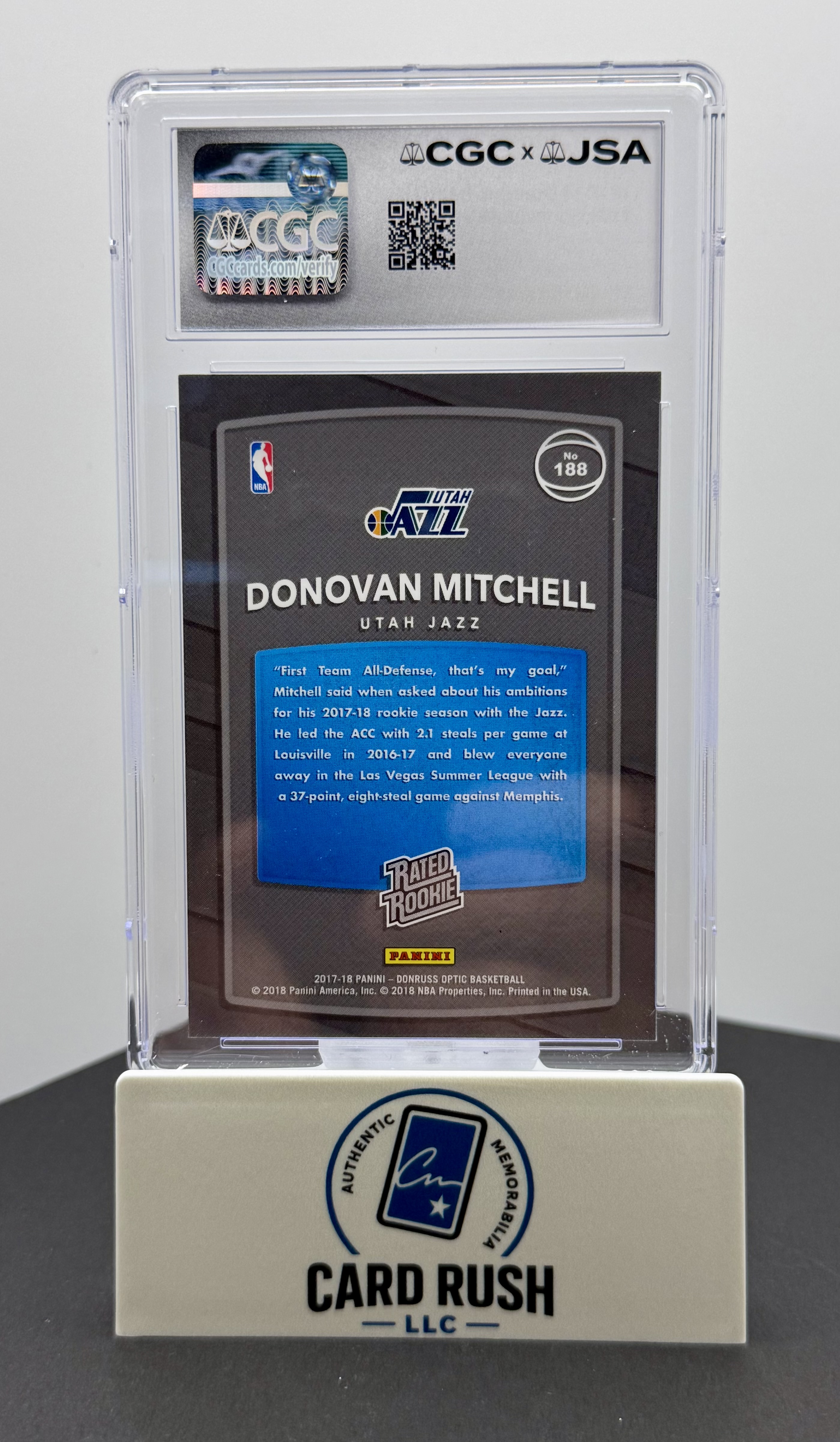 2017-18 Donruss Optic Donovan Mitchell Rated Rookie IP Auto CGC/JSA Authentic, back