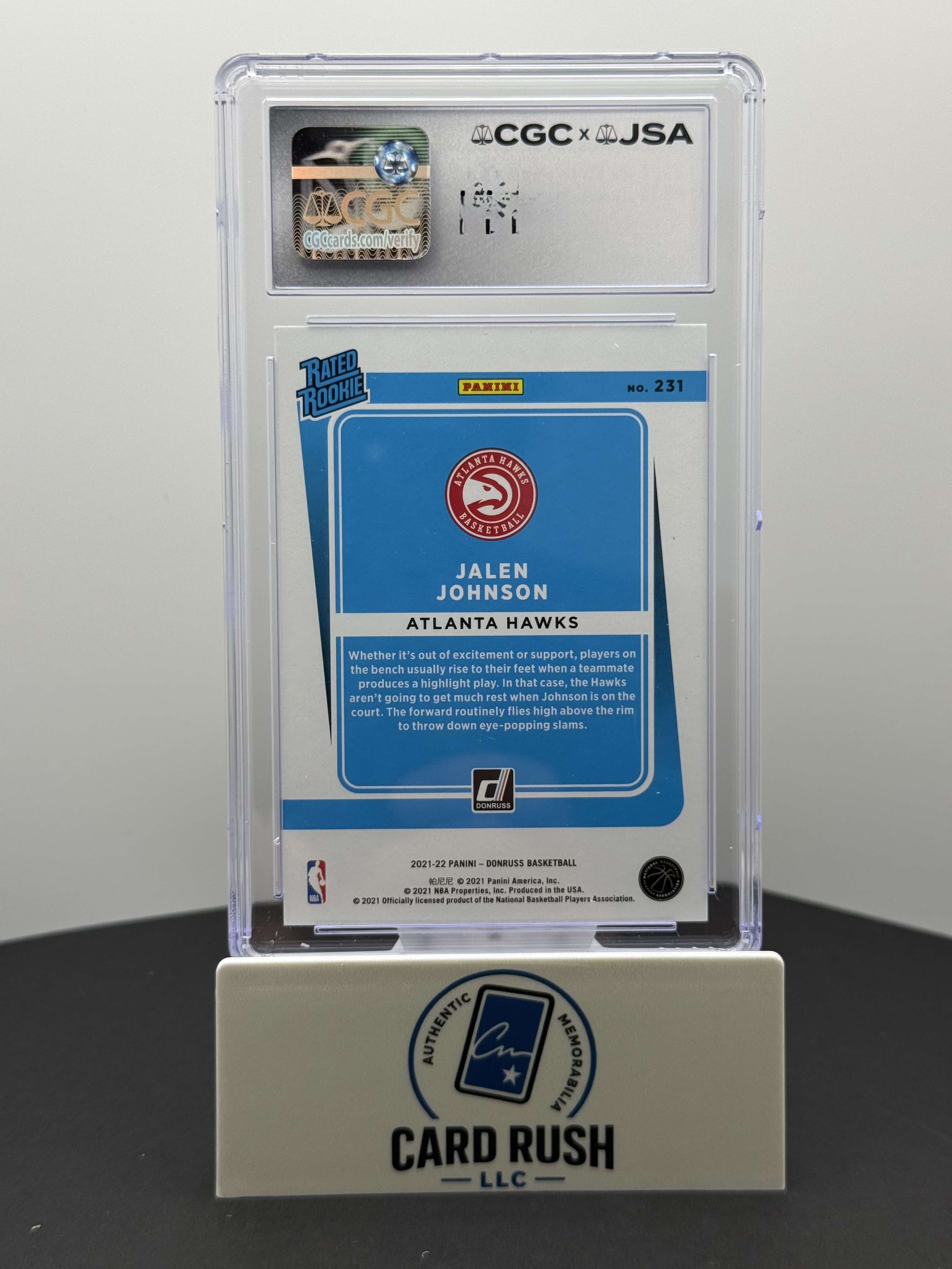 2021-22 Donruss #231 Jalen Johnson Rated Rookie IP Auto CGC/JSA Authentic Auto 10 Atlanta Hawks RC, back