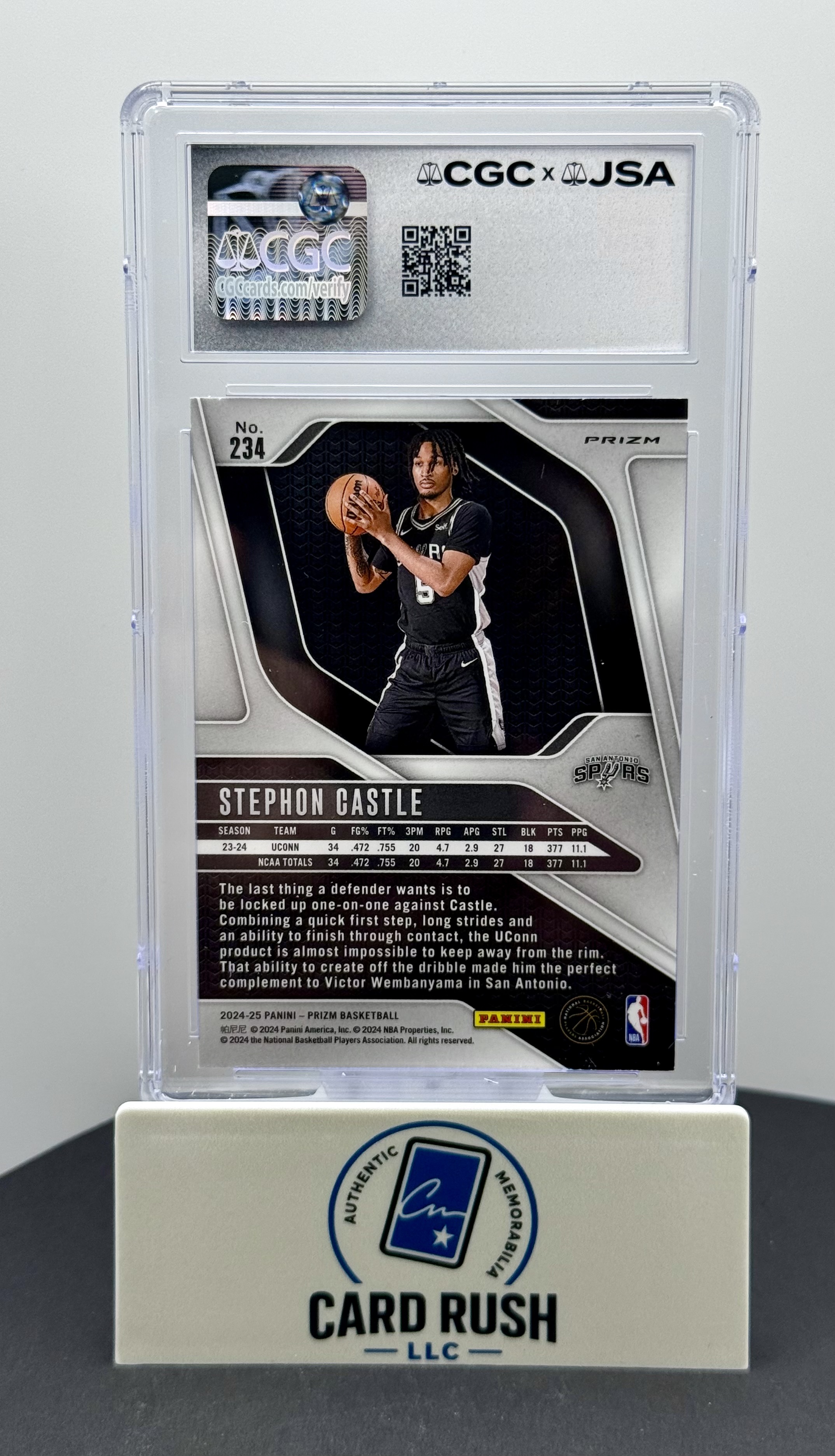 2024-25 Panini Prizm Red White & Blue #234 Stephon Castle RC IP Auto San Antonio Spurs CGC/JSA Authentic Autograph, back