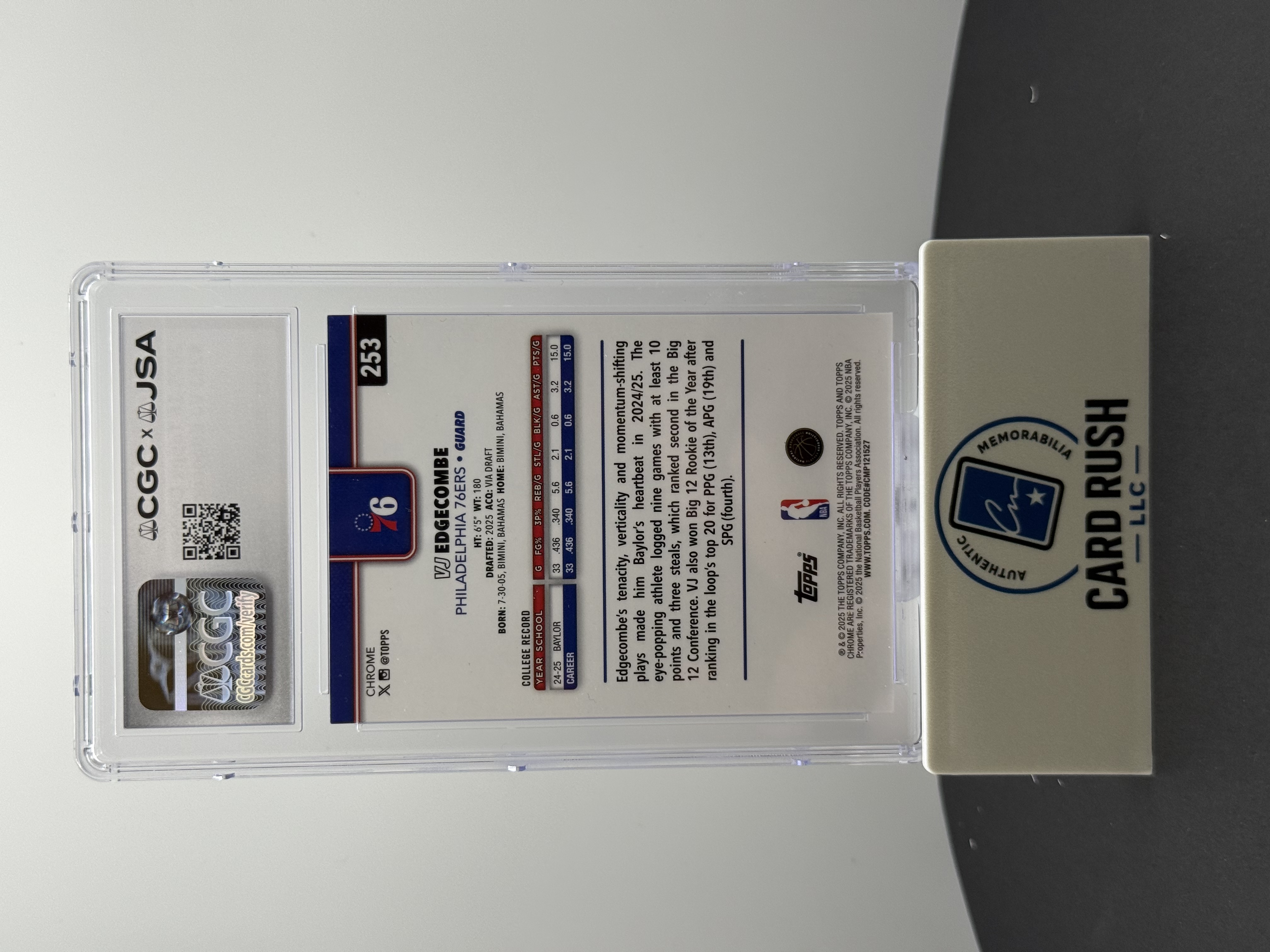 2025-26 Topps Chrome #253 VJ Edgecombe RC Auto CGC/JSA Authentic Autograph, back