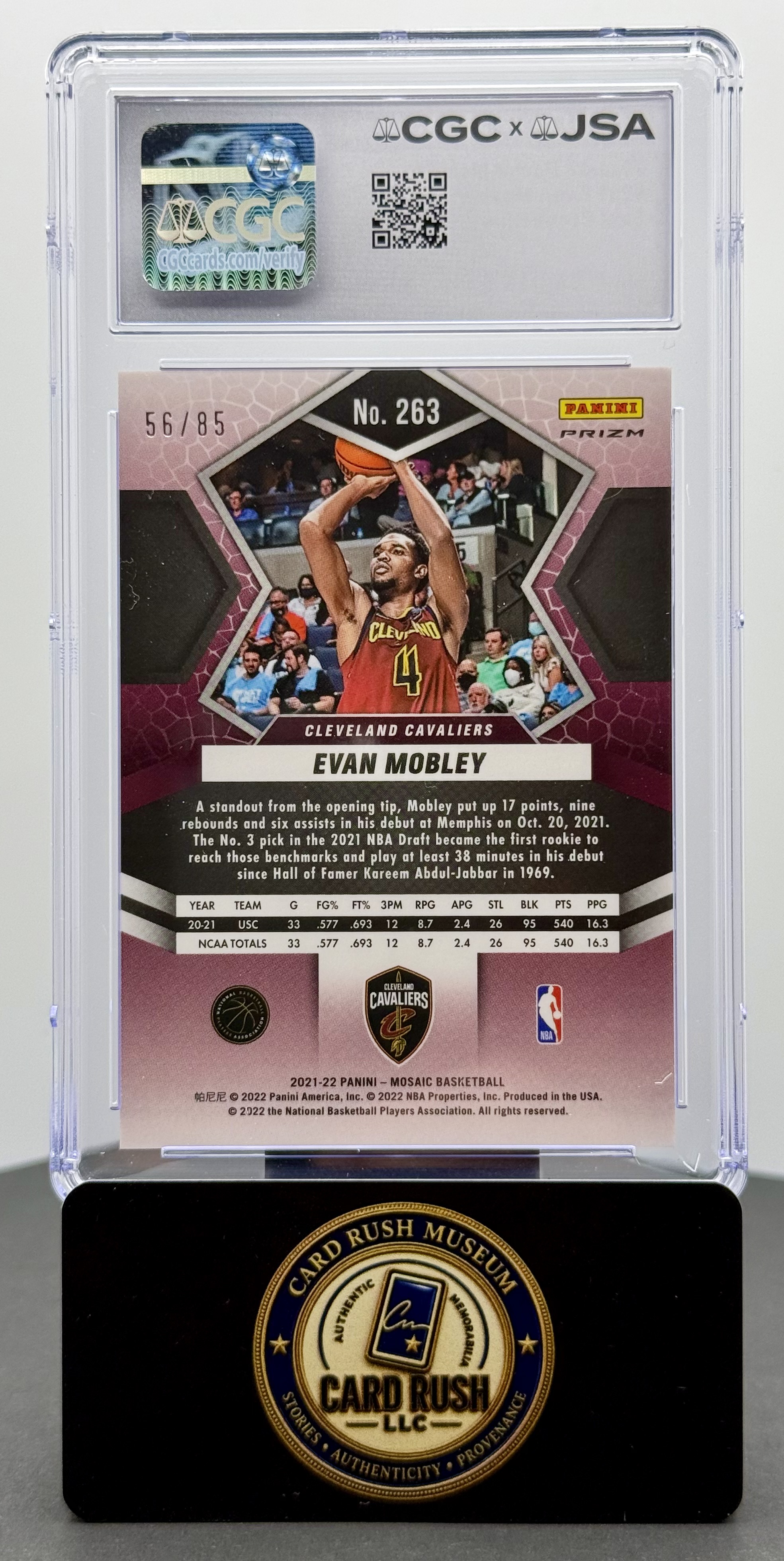 2021-22 Panini Mosaic Fast Break Blue #263 Evan Mobley RC Auto /85 CGC/JSA Authentic Autograph, back