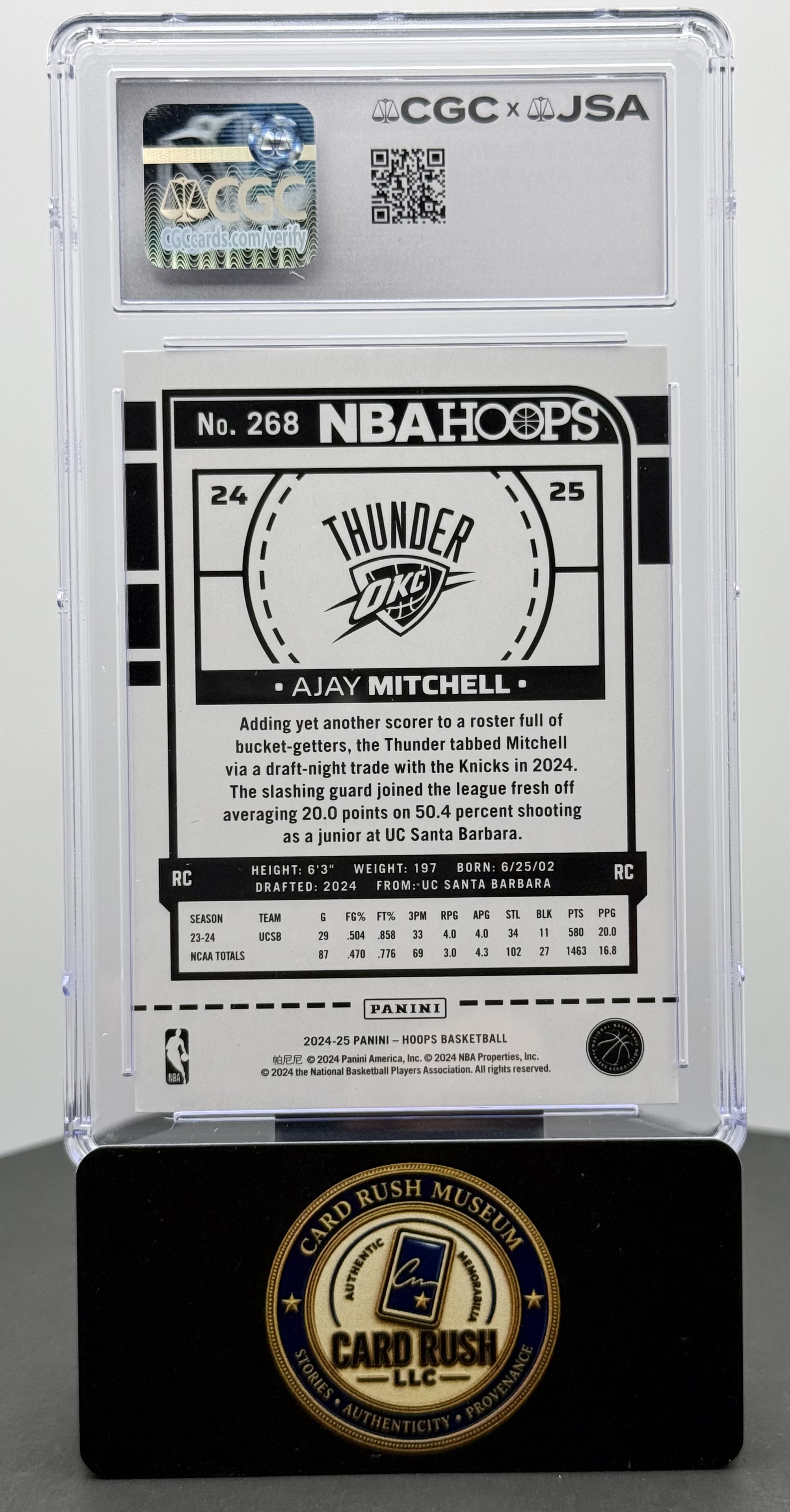 2024-25 Panini Hoops #268 Ajay Mitchell RC Auto CGC/JSA Authentic Autograph, back