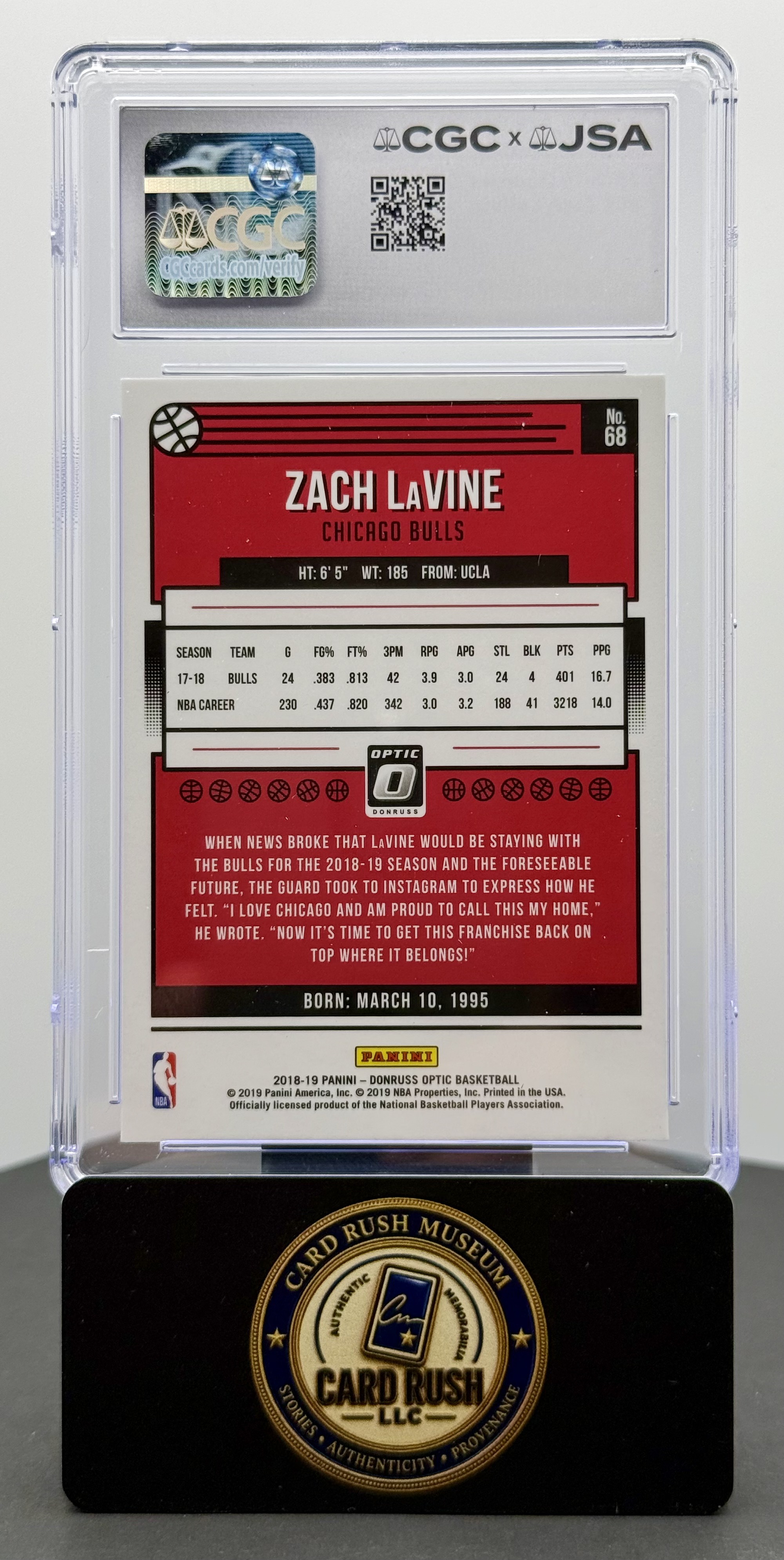 2018-19 Panini Donruss Optic Zach LaVine Autographed Card - CGC/JSA Authentic Autograph, back