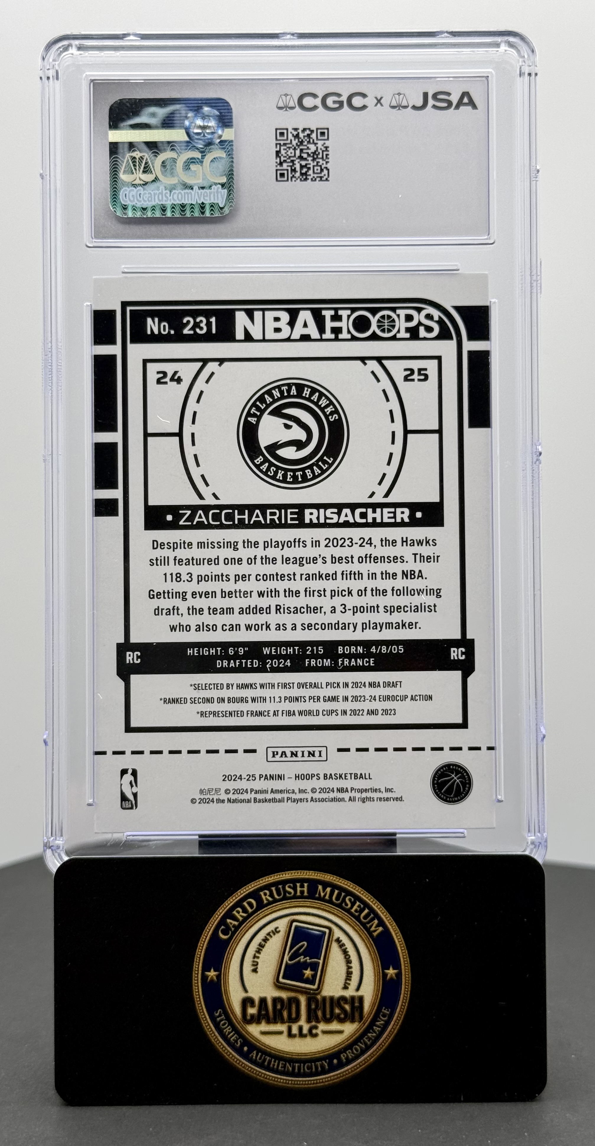 2024-25 Panini Hoops Blue #231 Zaccharie Risacher RC Auto CGC/JSA Authentic, back