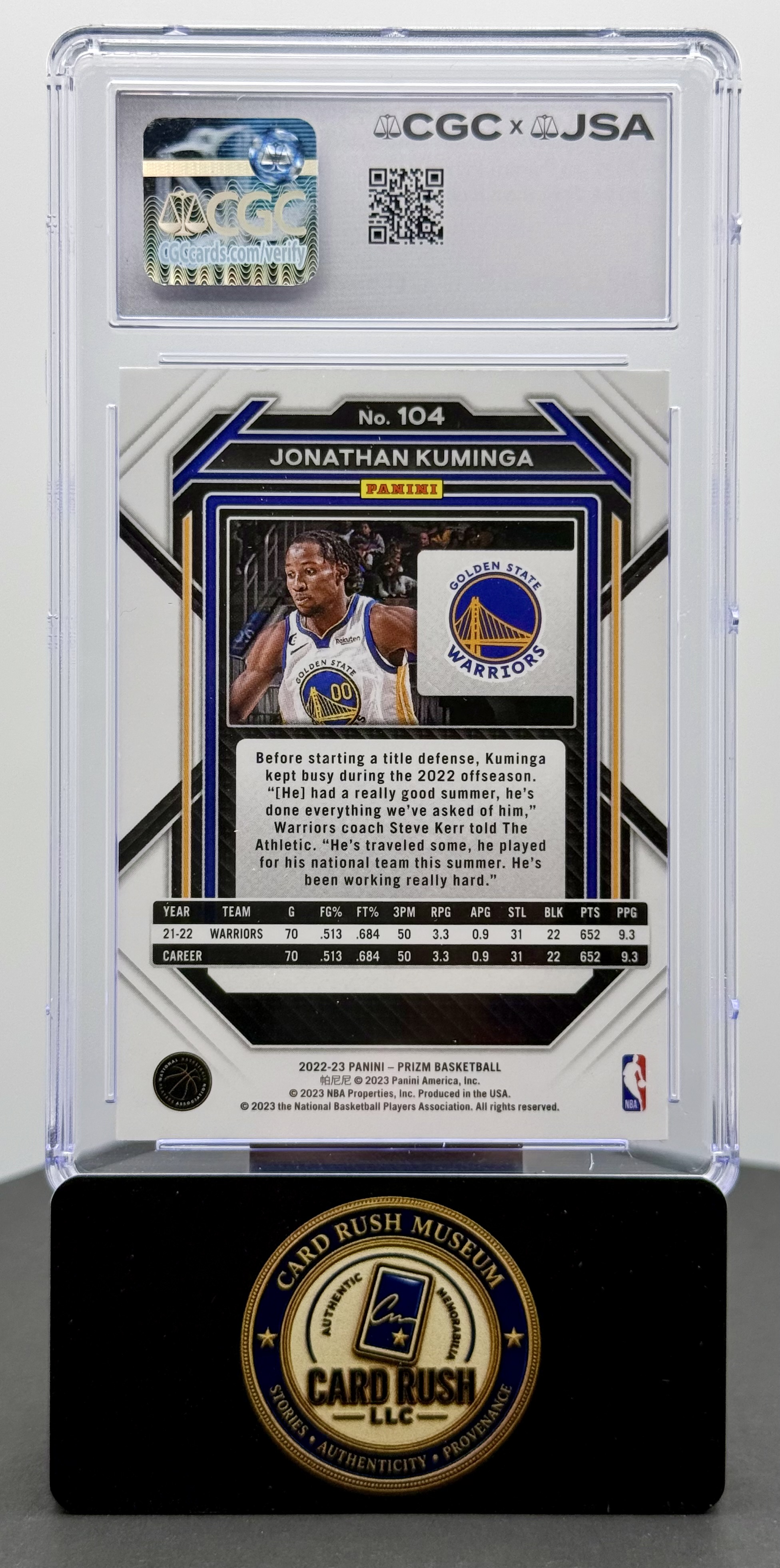 2022-23 Panini Prizm #104 Jonathan Kuminga On-Card Auto CGC/JSA Authentic Autograph, back