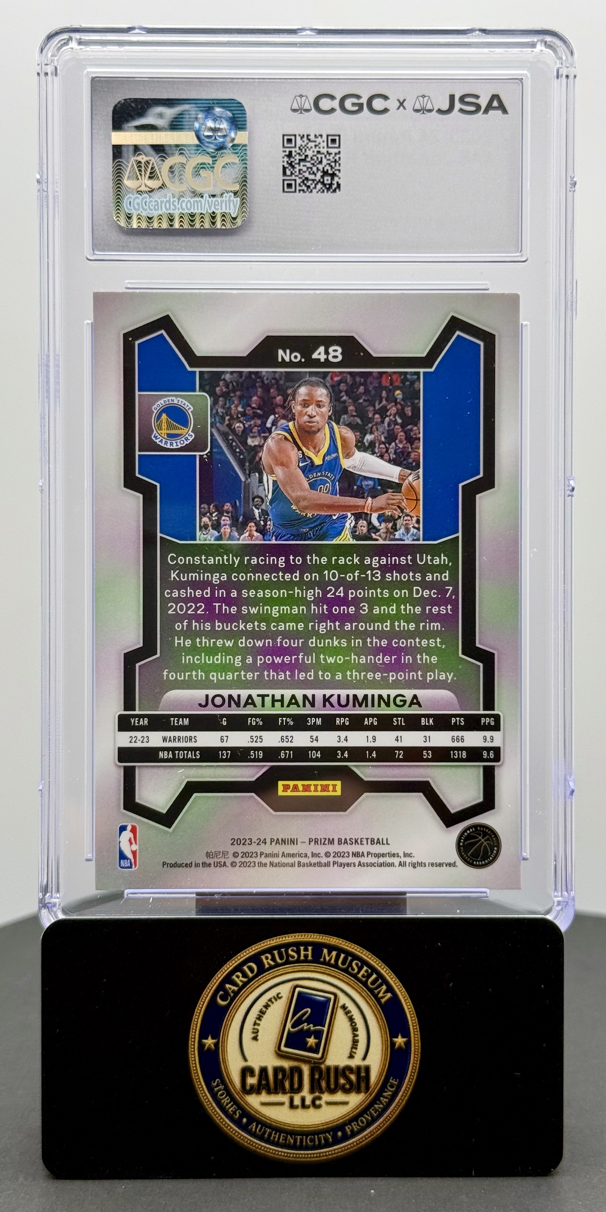 2023-24 Panini Prizm Jonathan Kuminga IP Autograph CGC/JSA Authentic Auto 10 - Golden State Warriors, back