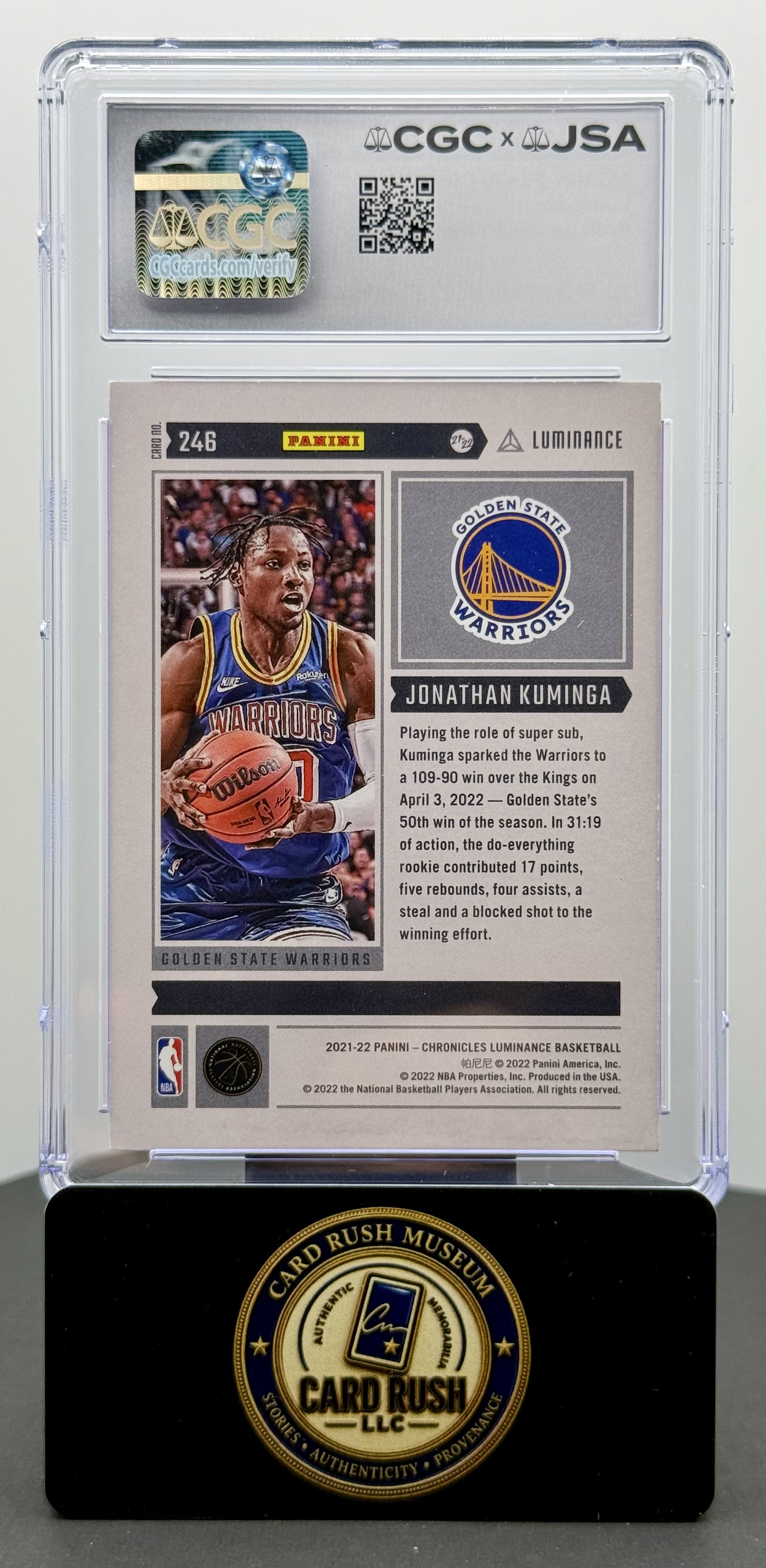 2021-22 Panini Chronicles Luminance Jonathan Kuminga RC Auto CGC/JSA Authentic Autograph Golden State Warriors, back