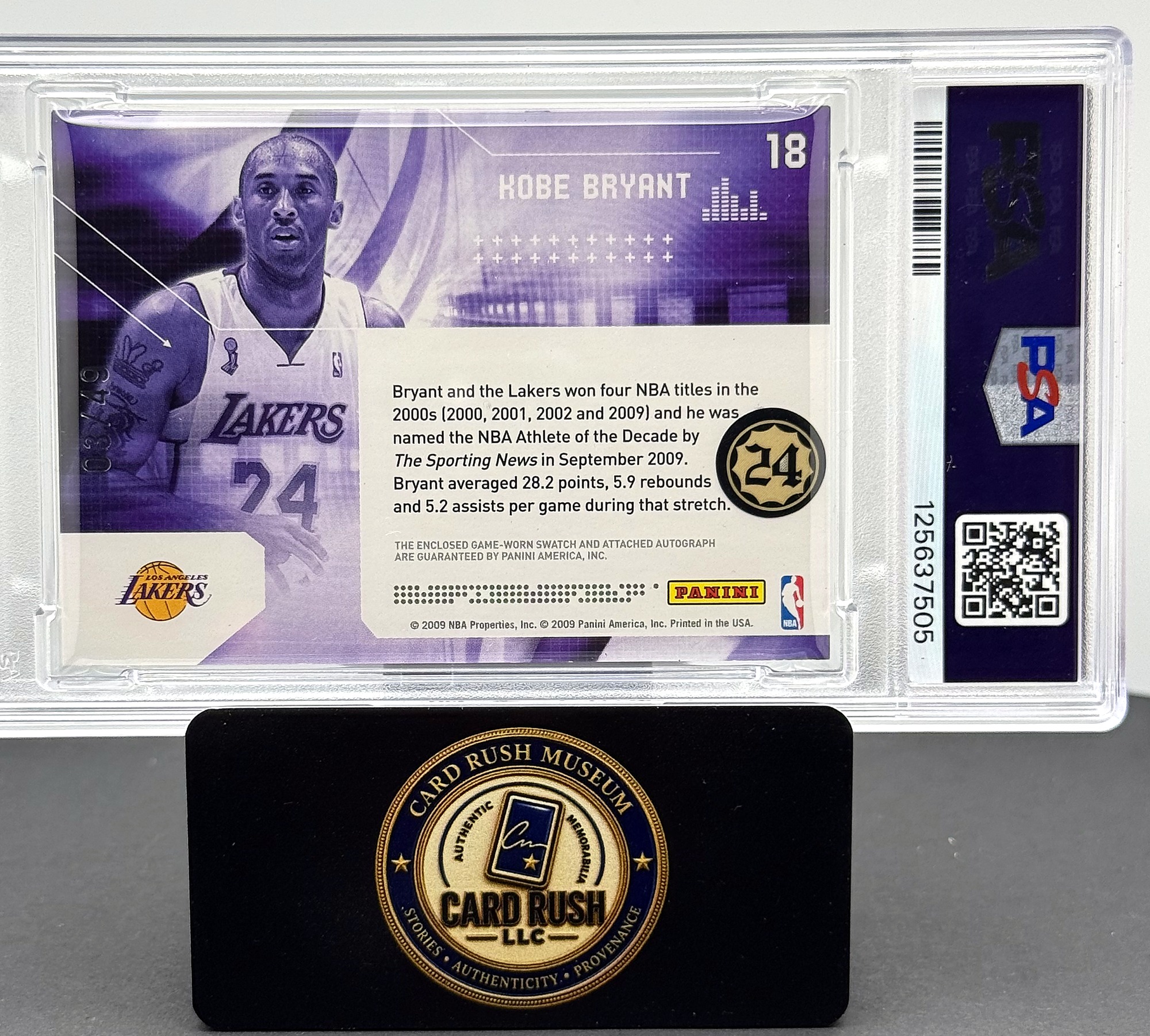 2009-10 Panini Limited Kobe Bryant Decade Dominance Material Signature Autograph Patch Card #18 PSA 8 NM-MT, back
