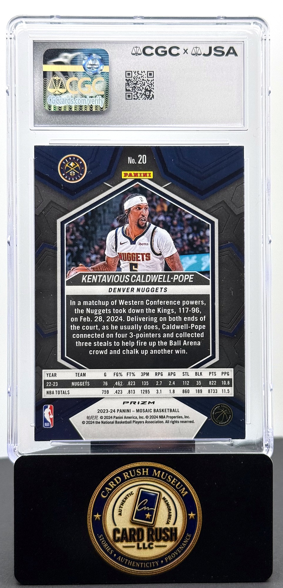 2023-24 Panini Mosaic Genesis Kentavious Caldwell-Pope #20 Auto CGC/JSA Authentic Autograph Auto 10 "2023 Champs" Inscription, back