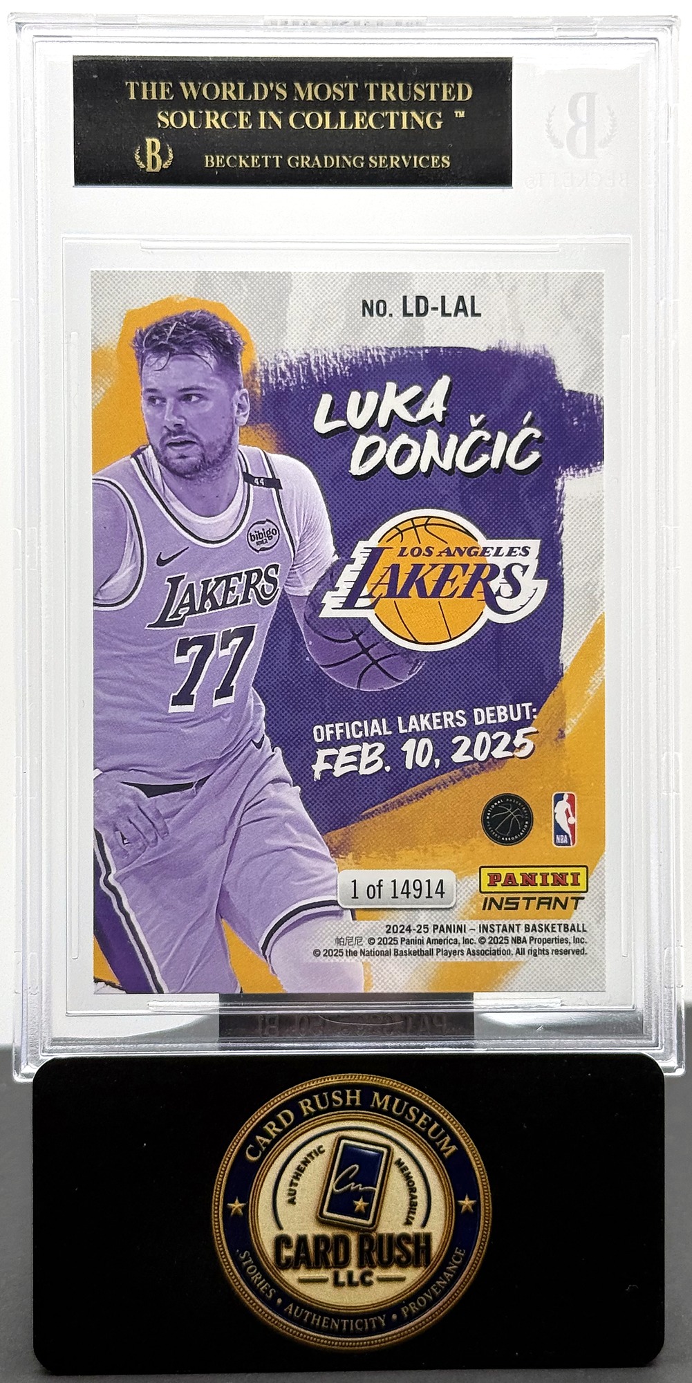 2024-25 Panini Instant Luka Dončić Los Angeles Lakers Debut Card BGS Black Label 10 Pristine /14914, back