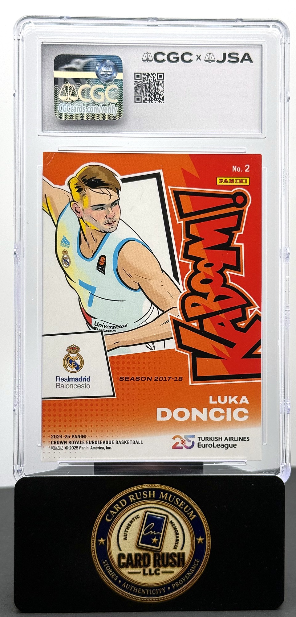 2024-25 Panini Crown Royale EuroLeague Basketball Kaboom! #2 Luka Doncic CGC/JSA Authentic Auto Real Madrid, back