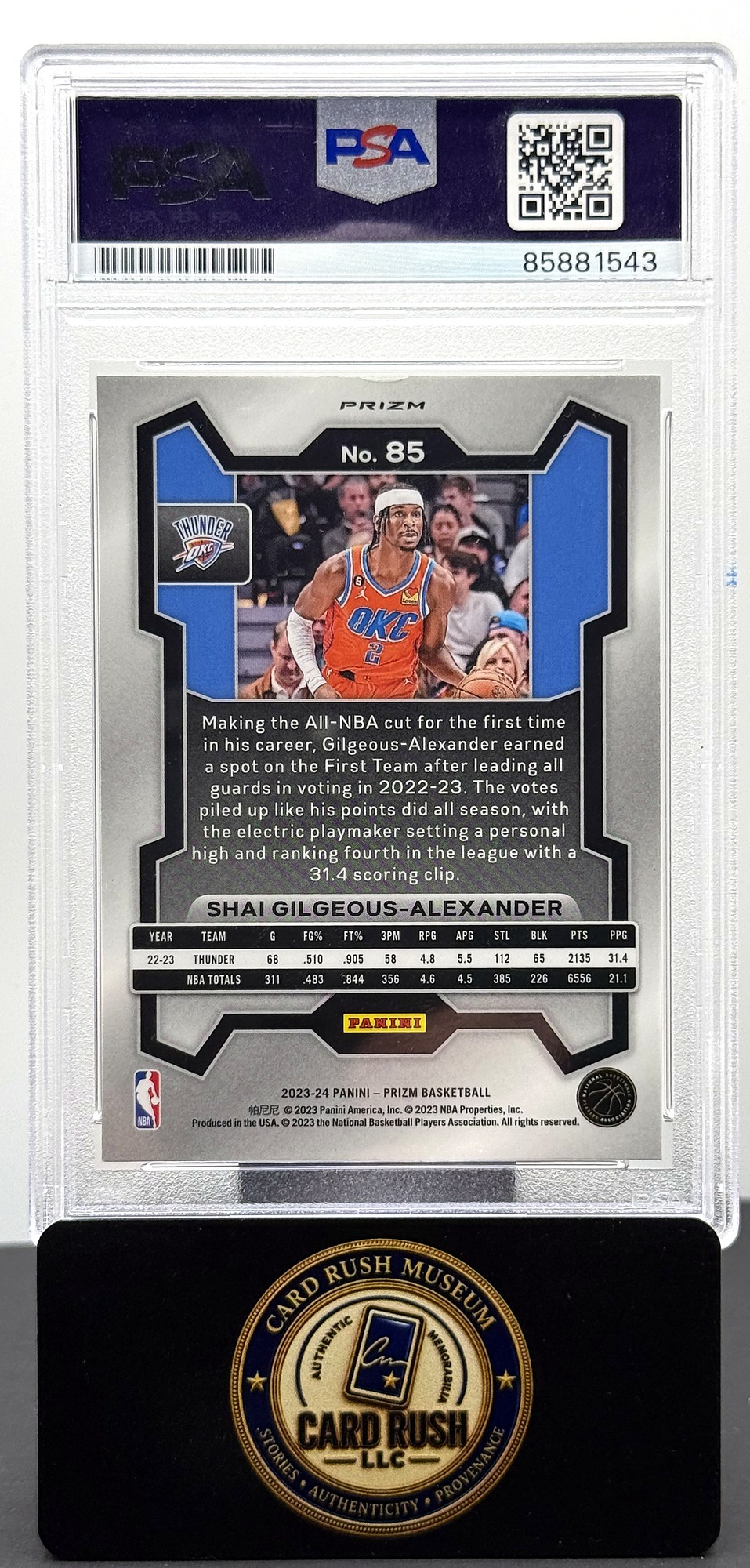 2023-24 Panini Prizm Orange Ice #85 Shai Gilgeous-Alexander Autograph PSA/DNA Auto 10, back
