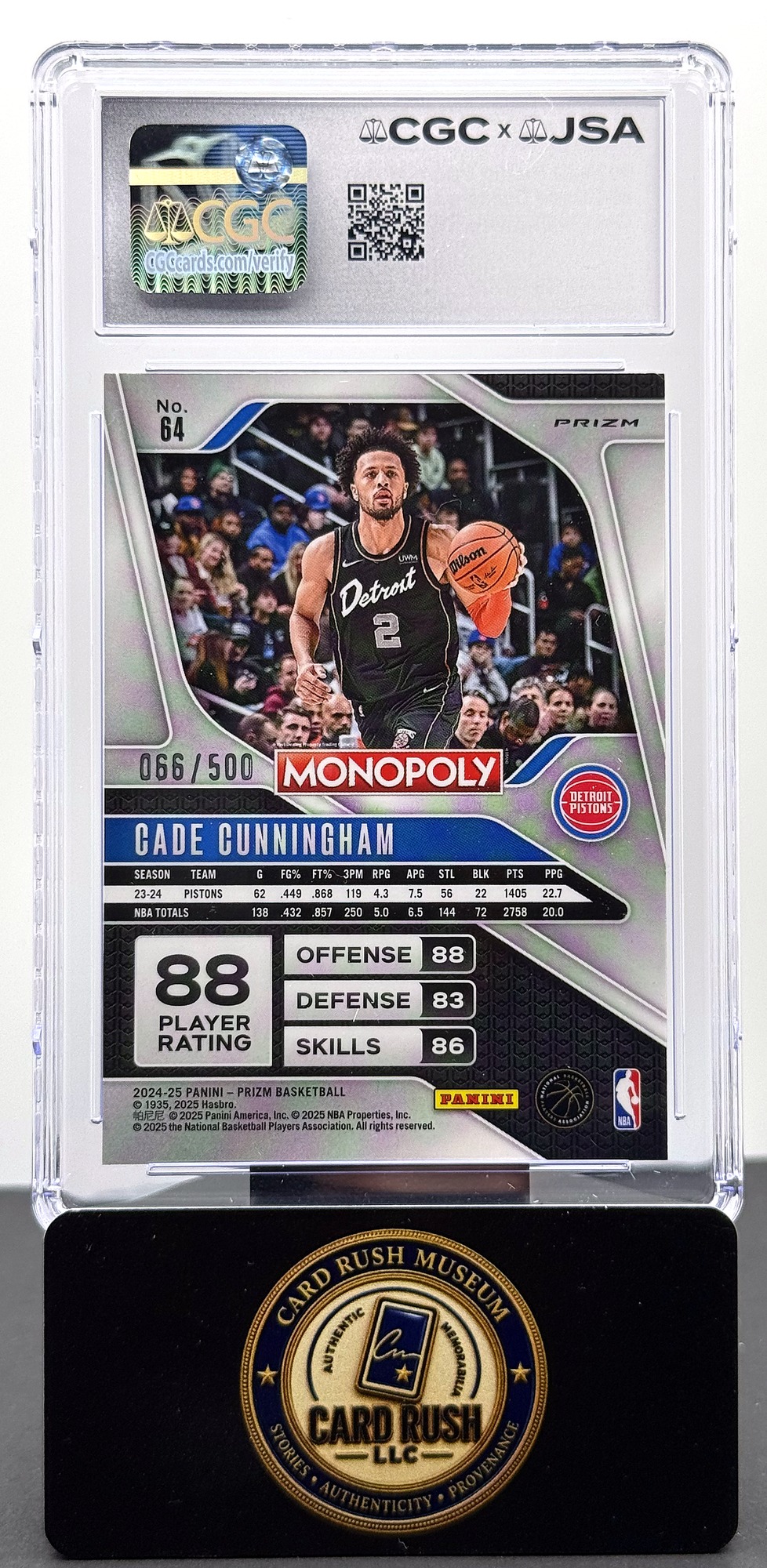 2024-25 Panini Prizm Monopoly Cade Cunningham #64 Gold Millionaire Shimmer Autograph /500 CGC/JSA Authentic Auto 10, back