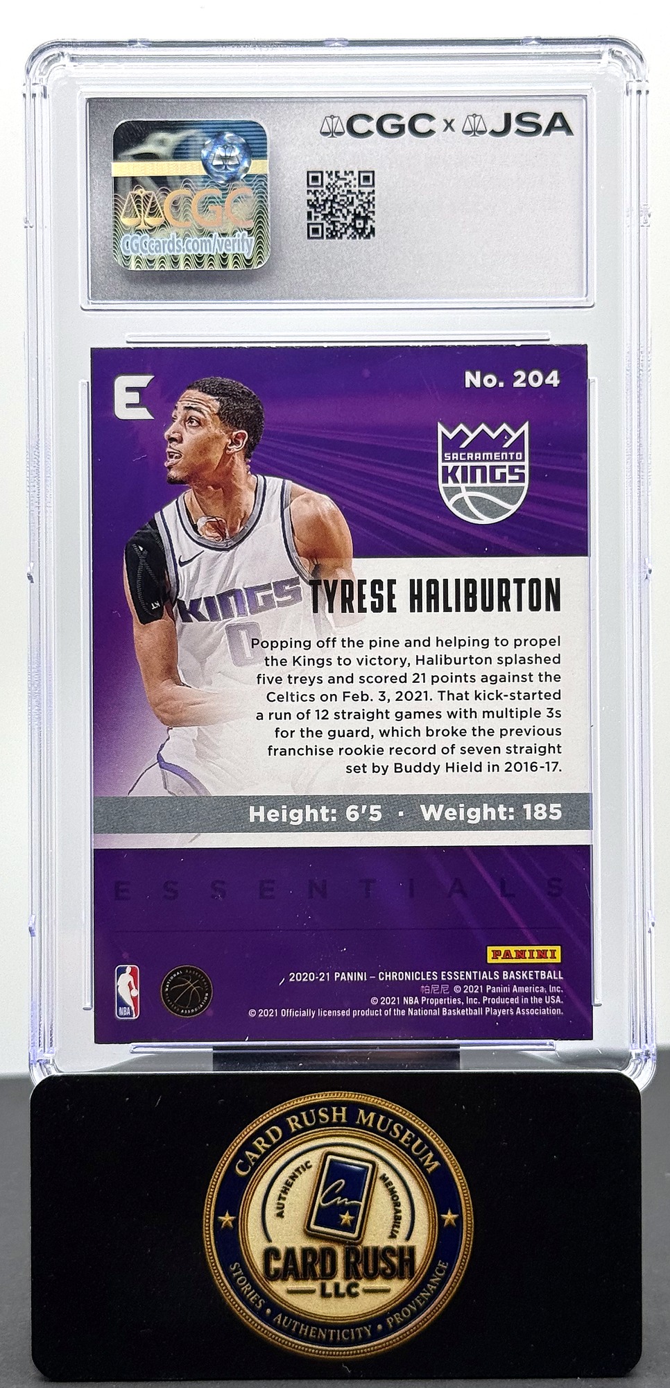 2020-21 Panini Chronicles Essentials Tyrese Haliburton RC Auto CGC/JSA Authentic Autograph, back