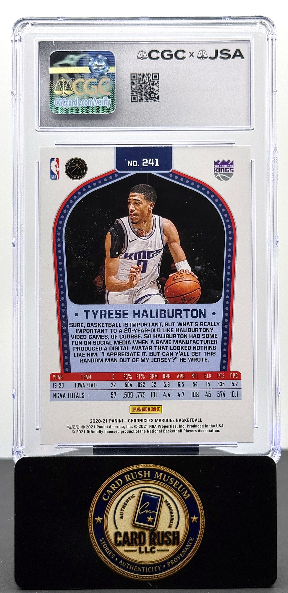 2020-21 Panini Chronicles Marquee #241 Tyrese Haliburton RC Auto CGC/JSA Authentic Autograph, back