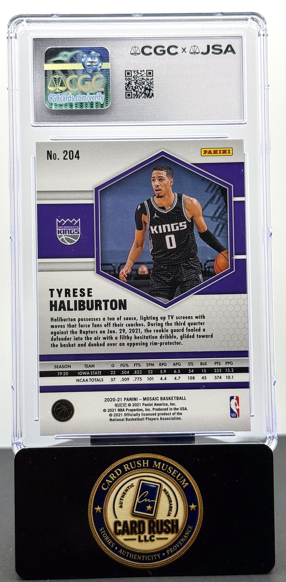 2020-21 Panini Mosaic #204 Tyrese Haliburton RC Rookie Card CGC/JSA Authentic Autograph, back