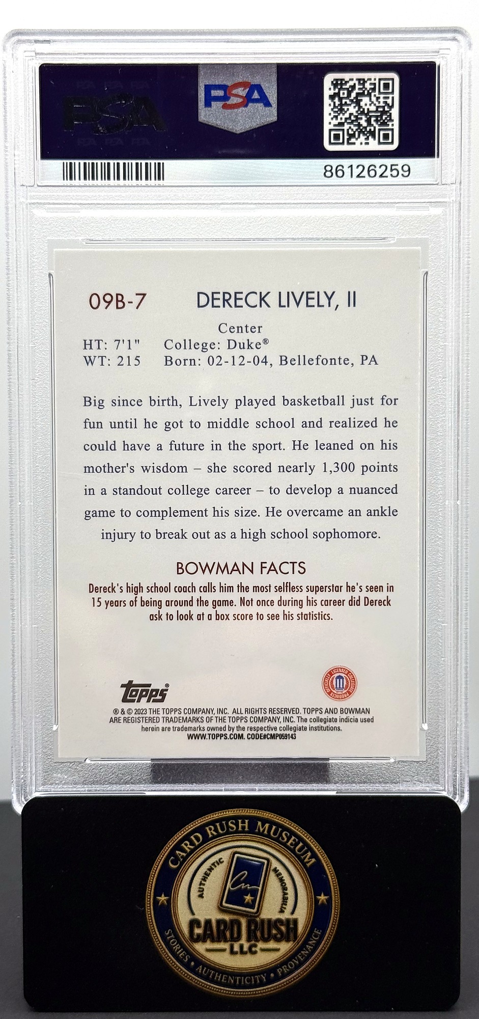 2022 Bowman University 2009 Bowman #09B7 Dereck Lively II Auto PSA/DNA Authentic, back