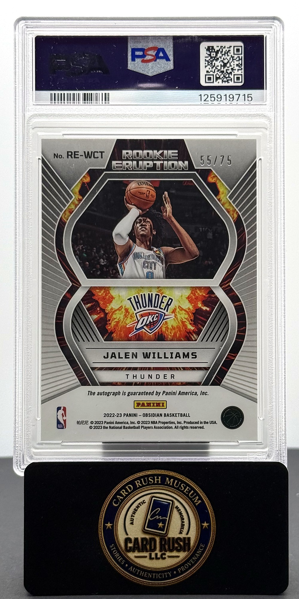 2022 Panini Obsidian Rookie Eruption Auto Electric Etch Purple #RE-WCT Jalen Williams RC /75 PSA 10, back