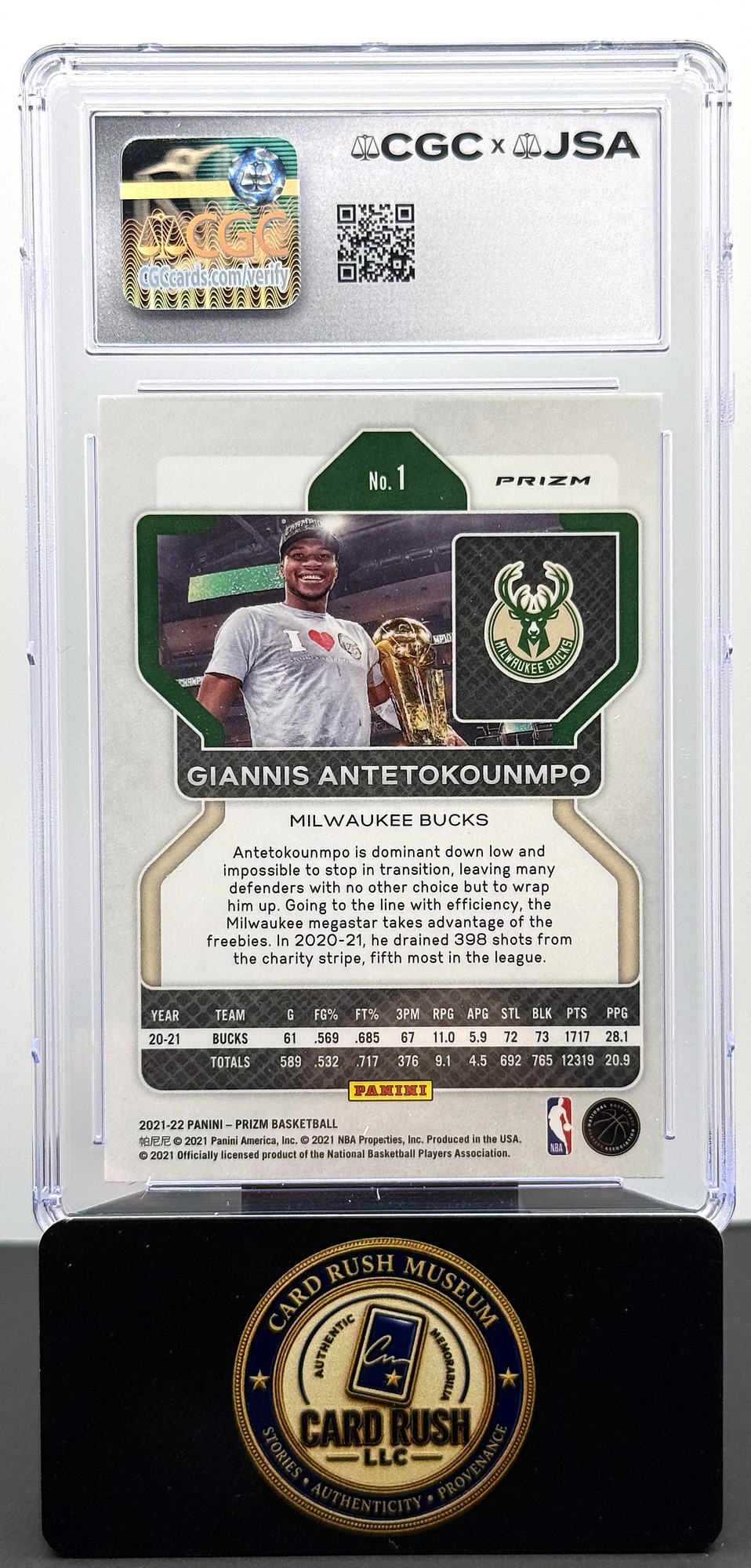 2021-22 Panini Prizm #1 Giannis Antetokounmpo Ice Auto CGC/JSA Authentic Autograph, back