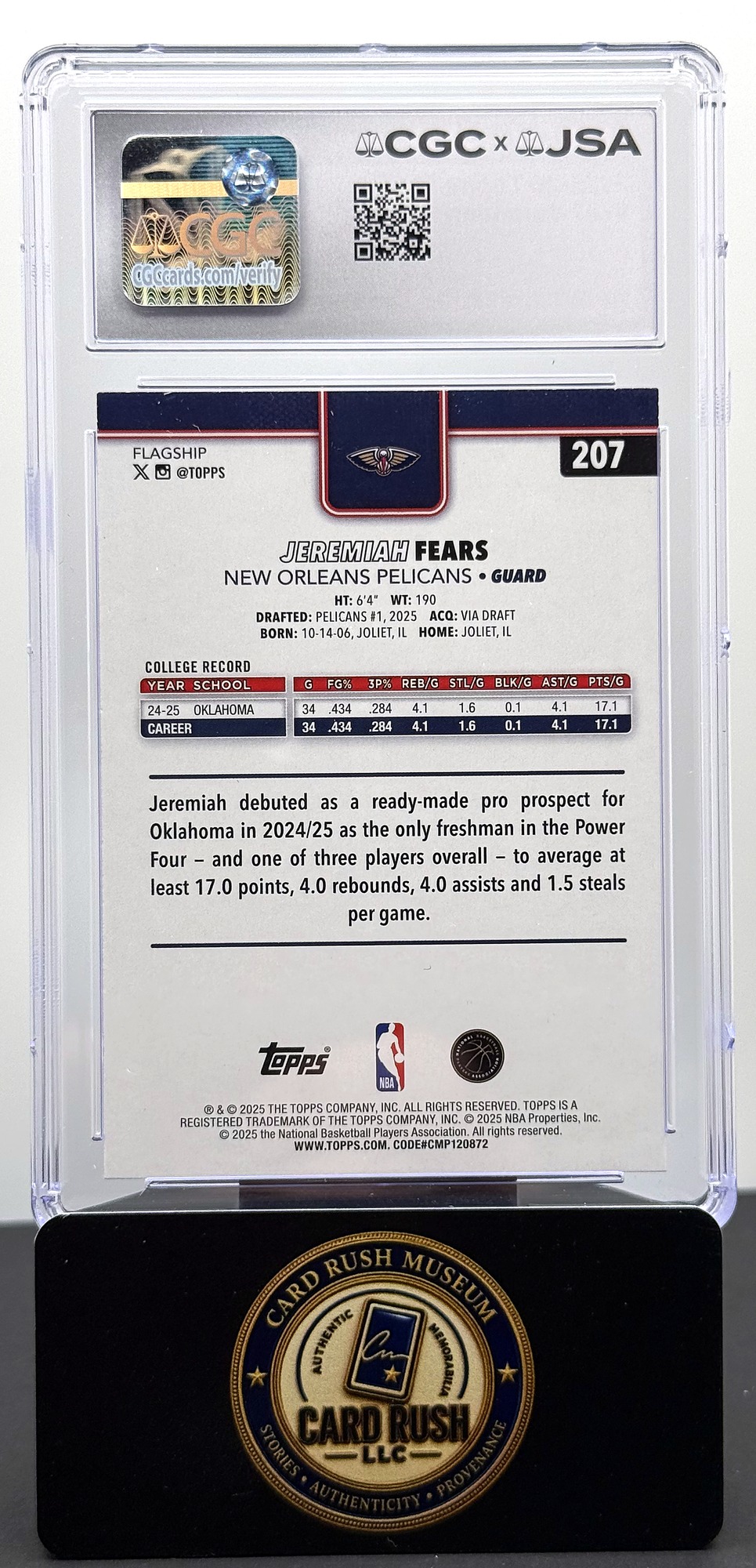 2025-26 Topps Finest #207 Jeremiah Fears RC Auto CGC/JSA Authentic Autograph, back