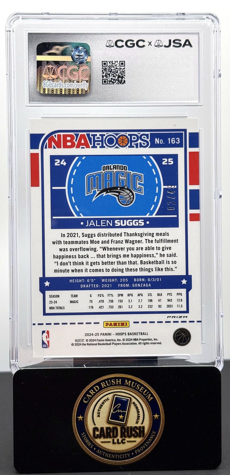 2024-25 Panini Hoops #163 Jalen Suggs Premium Red Scope Auto CGC/JSA Authentic Autograph Auto 10, back