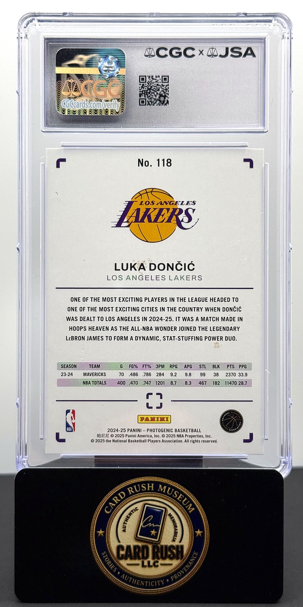 Panini #118 Luka Doncic Lakers Auto CGC/JSA Authentic Autograph Auto 10, back