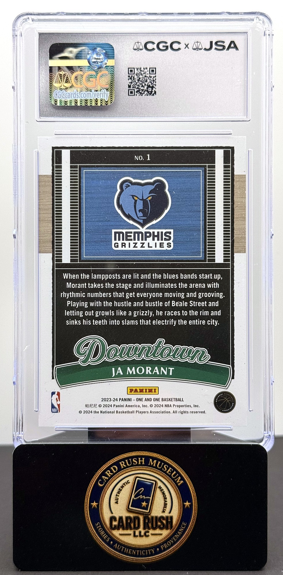 2023-24 Panini One and One Downtown #1 Ja Morant Auto CGC/JSA Authentic Autograph Auto 10, back