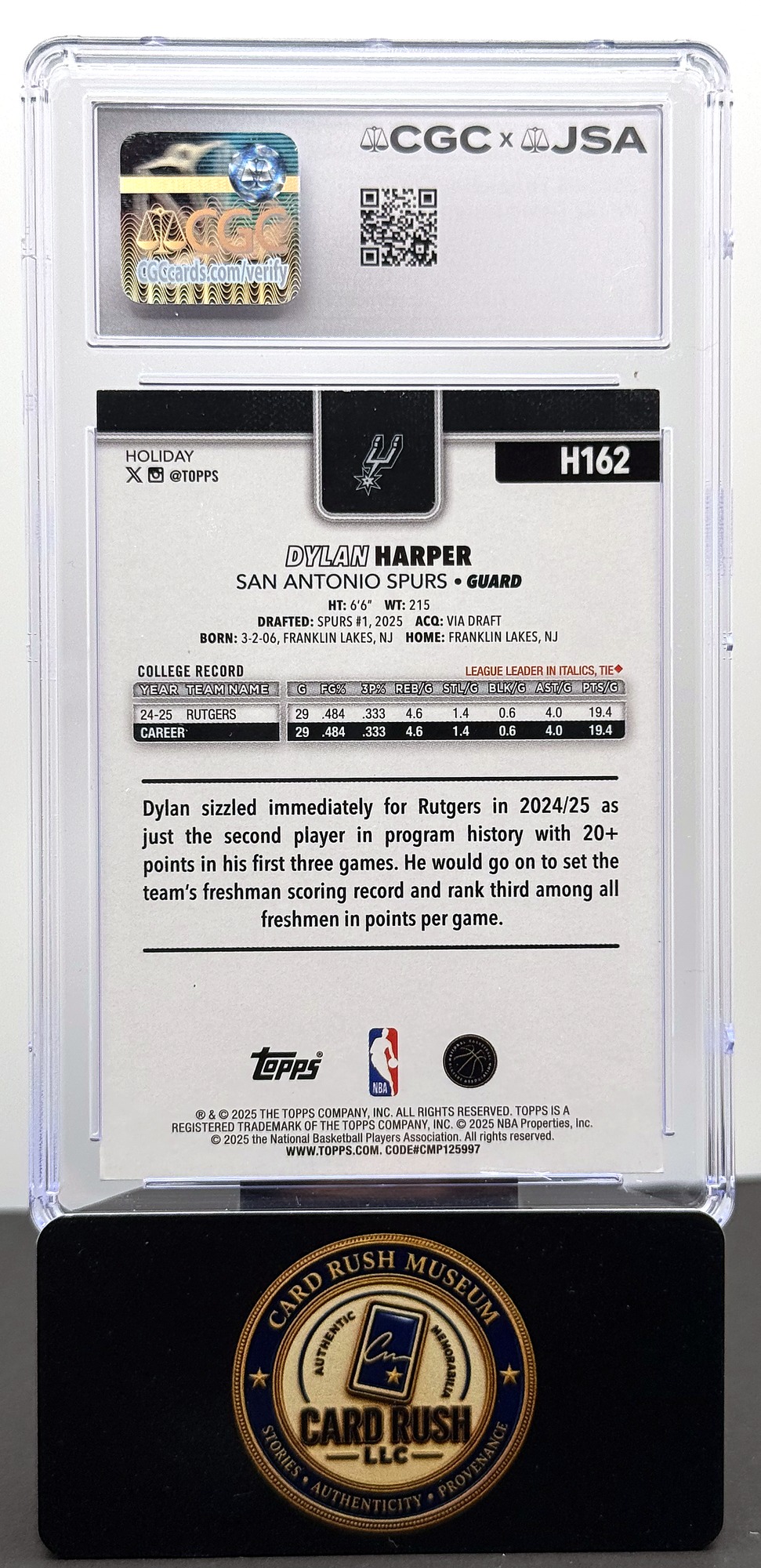 2025-26 Topps Holiday #H162 Dylan Harper RC Auto CGC/JSA Authentic Autograph Auto 10, back