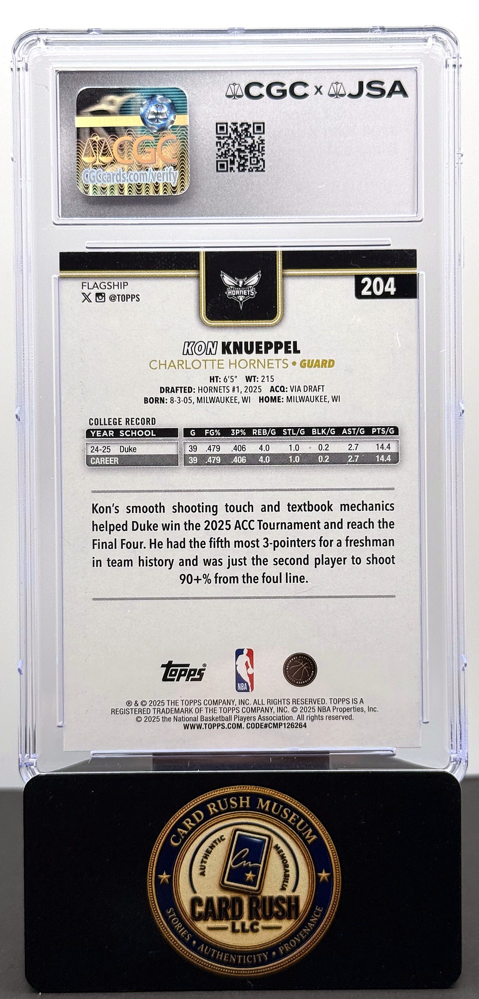 2025-26 Topps #204 Kon Knueppel RC Blackout Auto CGC/JSA Authentic Autograph, back