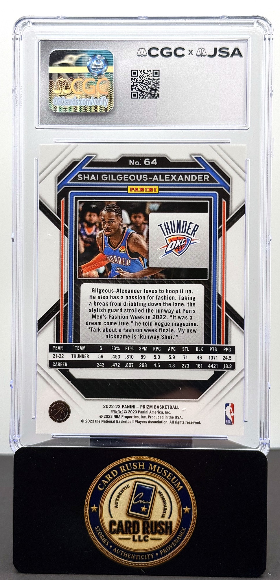 2022-23 Panini Prizm #64 Shai Gilgeous-Alexander Auto CGC/JSA Authentic Autograph, back