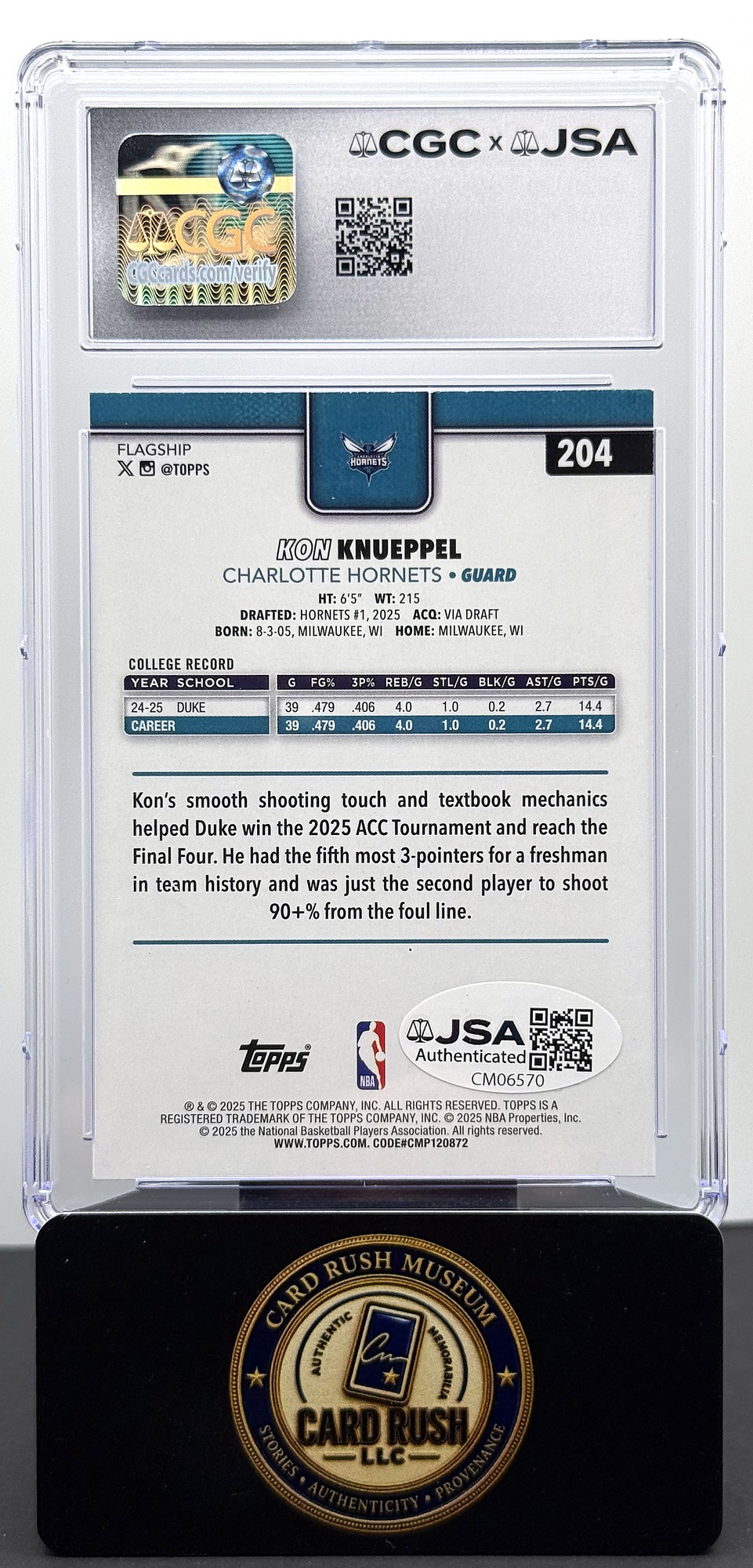2025-26 Topps #204 Kon Knueppel RC Auto CGC/JSA Authentic Autograph, back