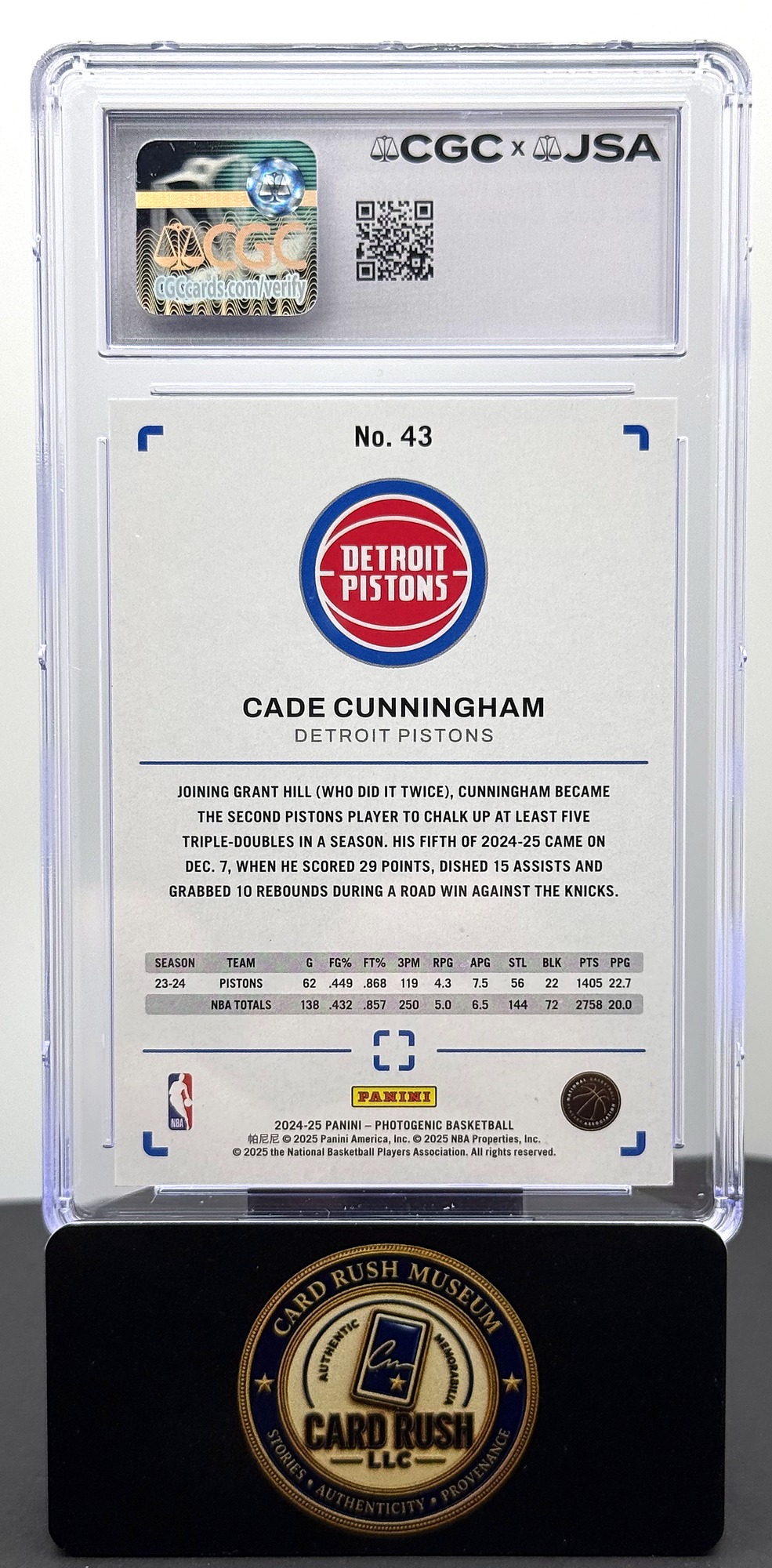 2024-25 Panini Photogenic #43 Cade Cunningham Auto CGC/JSA Authentic Autograph Auto 10, back
