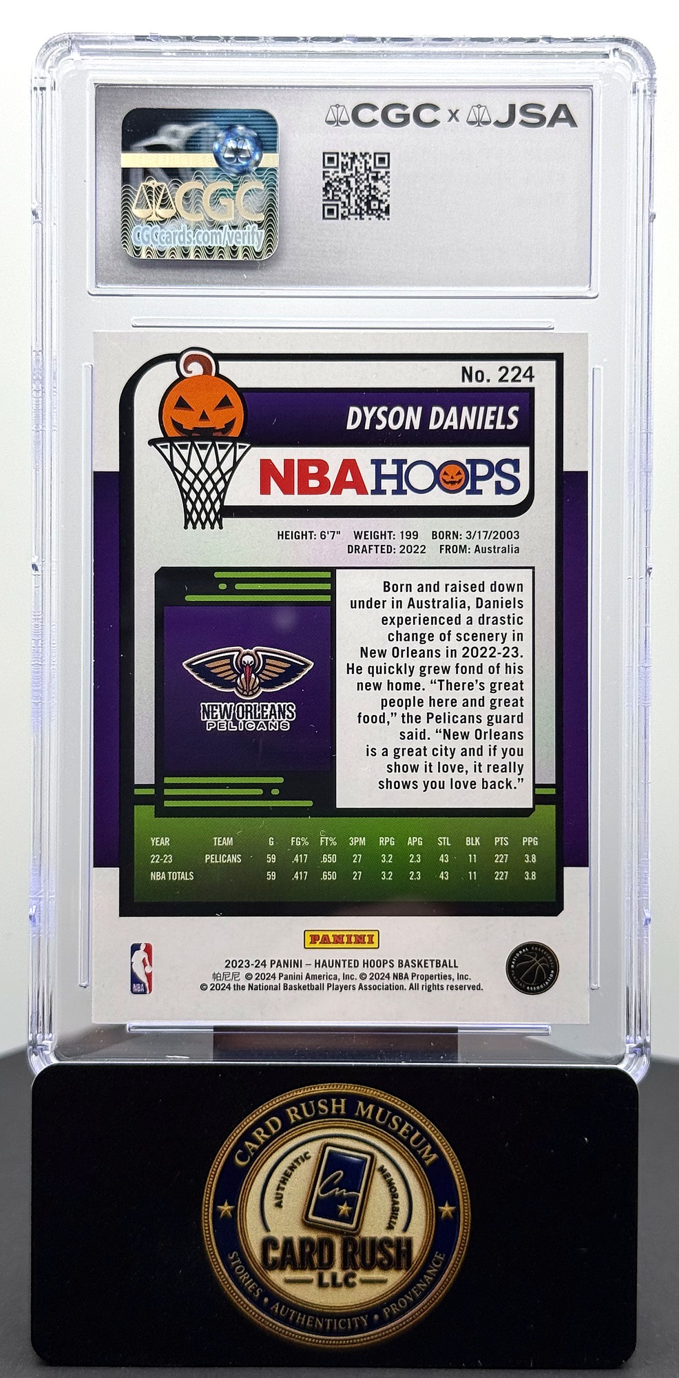 2023-24 Panini Haunted Hoops Slime #224 Dyson Daniels Auto CGC/JSA Authentic Autograph Auto 10, back