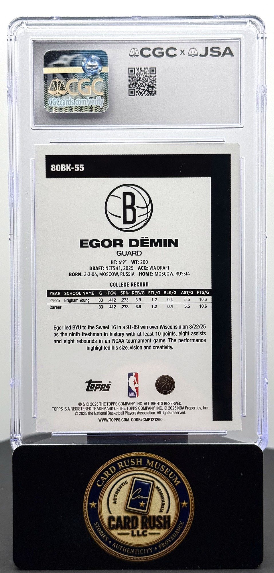 2025-26 Topps '80-81 Topps #80BK-55 Egor Demin RC Auto CGC/JSA Authentic Autograph, back