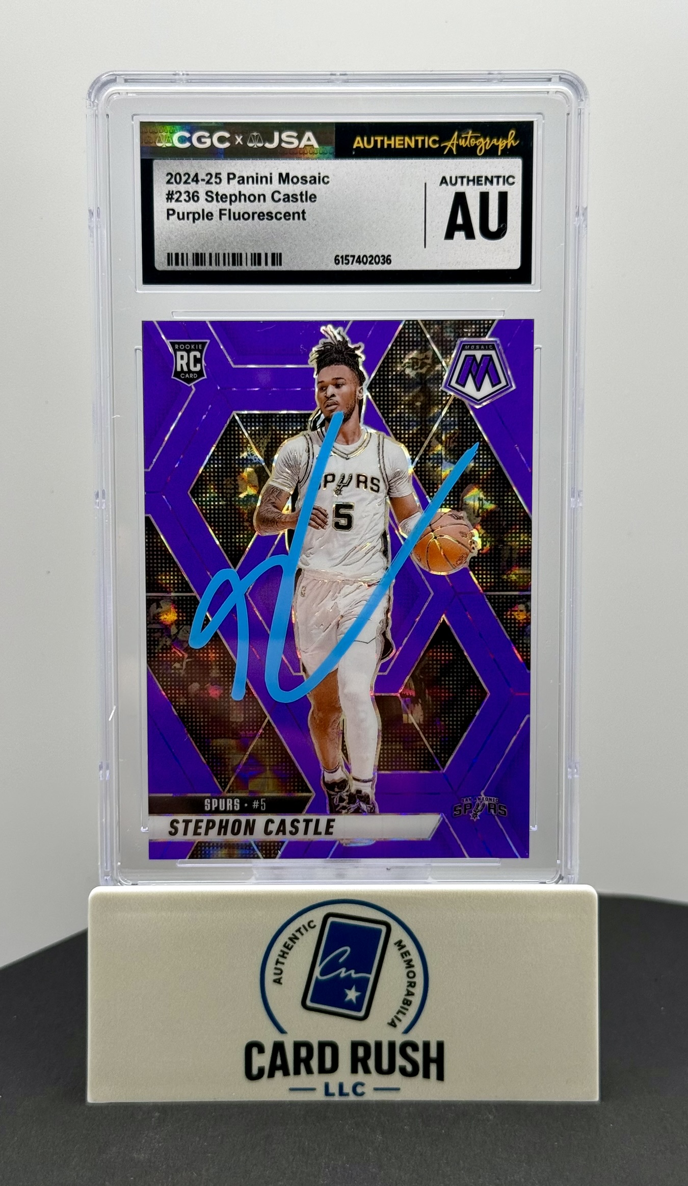 2024-25 Panini Mosaic Stephon Castle Purple Fluorescent RC Auto #236 /249 CGC x JSA Authentic, front