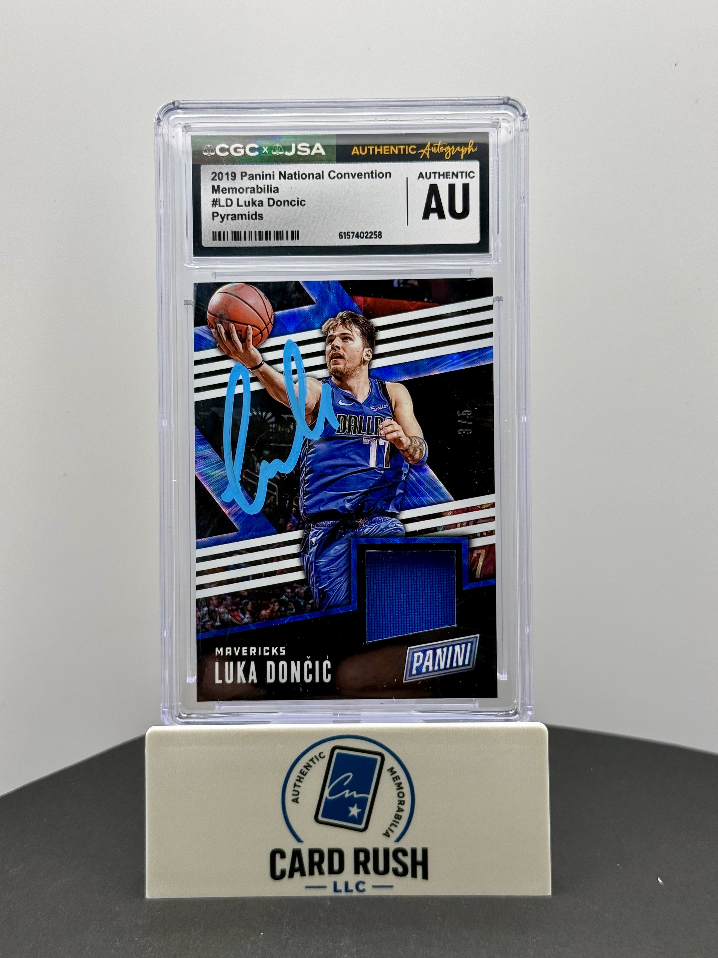 2019-20 Panini National Convention Memorabilia Pyramids Luka Doncic #LD Jersey Patch IP Autograph 3/5 CGC/JSA Authentic Auto, front