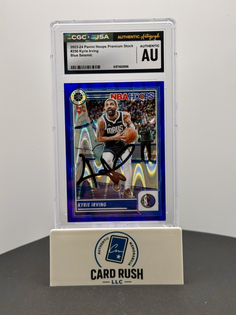 2023-24 Panini Hoops Premium Stock Blue Seismic Kyrie Irving Auto /99 CGC/JSA Authentic IP Autograph, front
