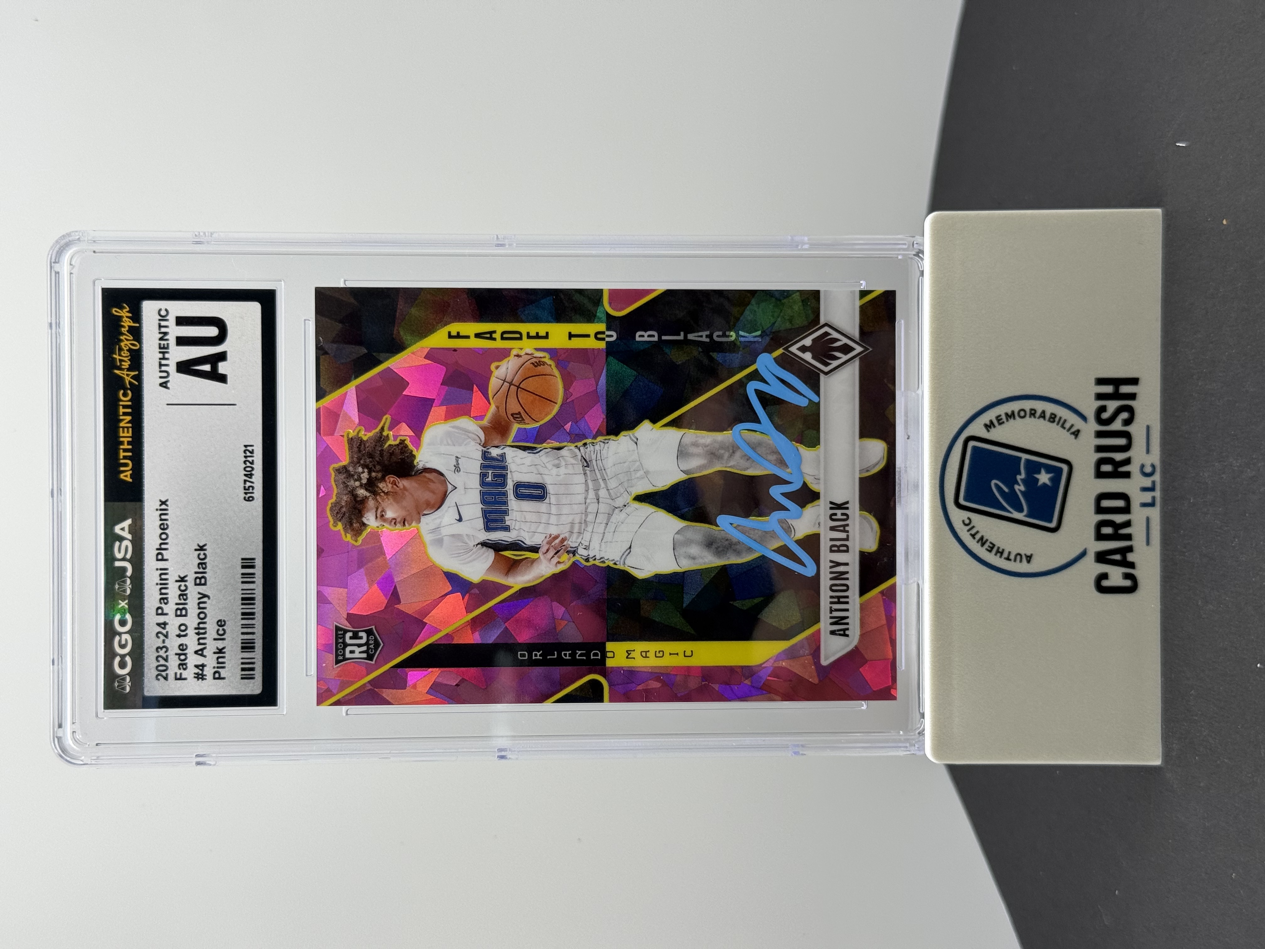2023-24 Panini Phoenix Fade to Black Pink Ice Anthony Black RC IP Auto #4 /25 CGC/JSA Authentic, front