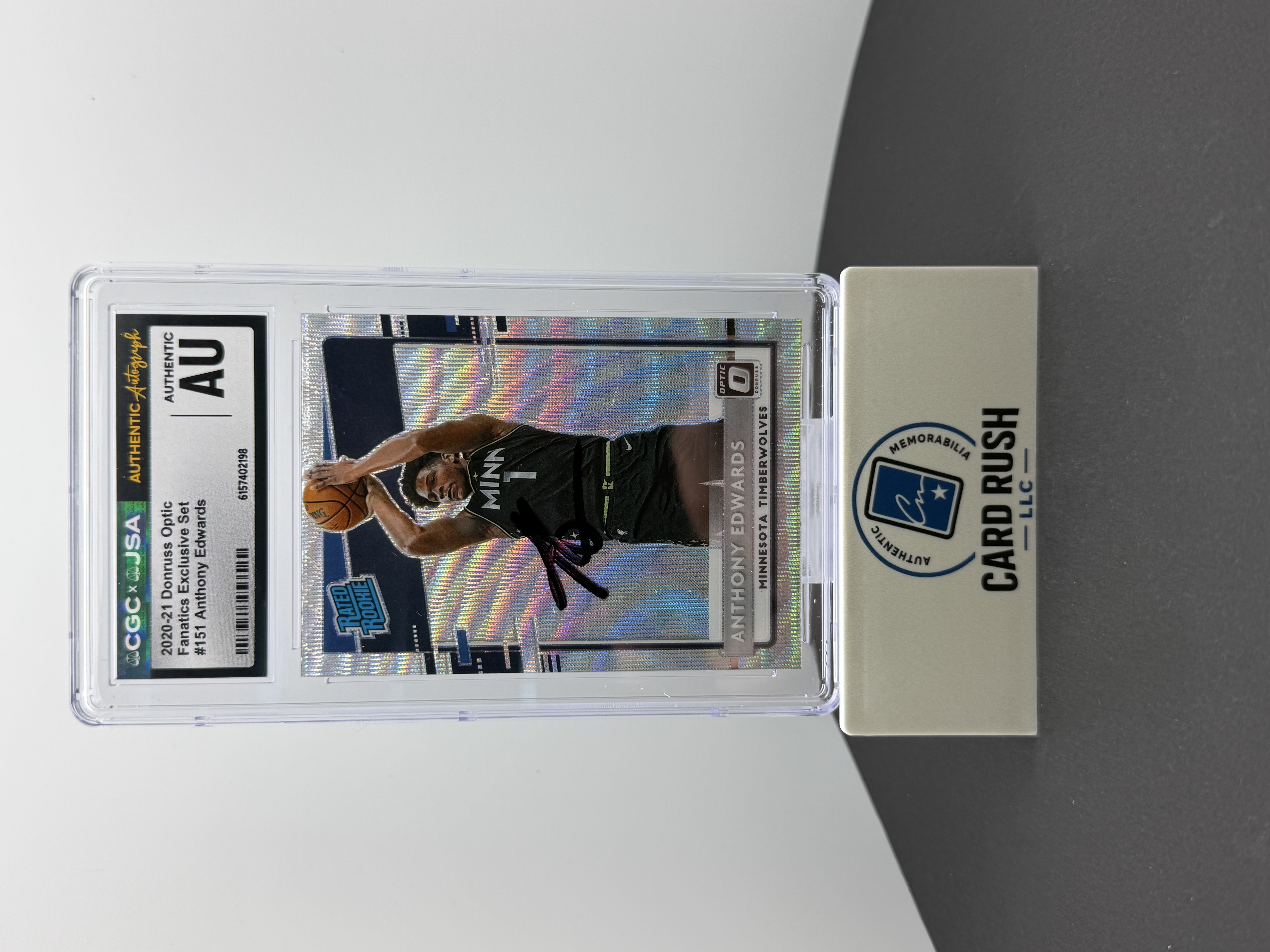 2020-21 Donruss Optic Fanatics Exclusive Anthony Edwards Rated Rookie IP Auto CGC/JSA Authentic Autograph, front