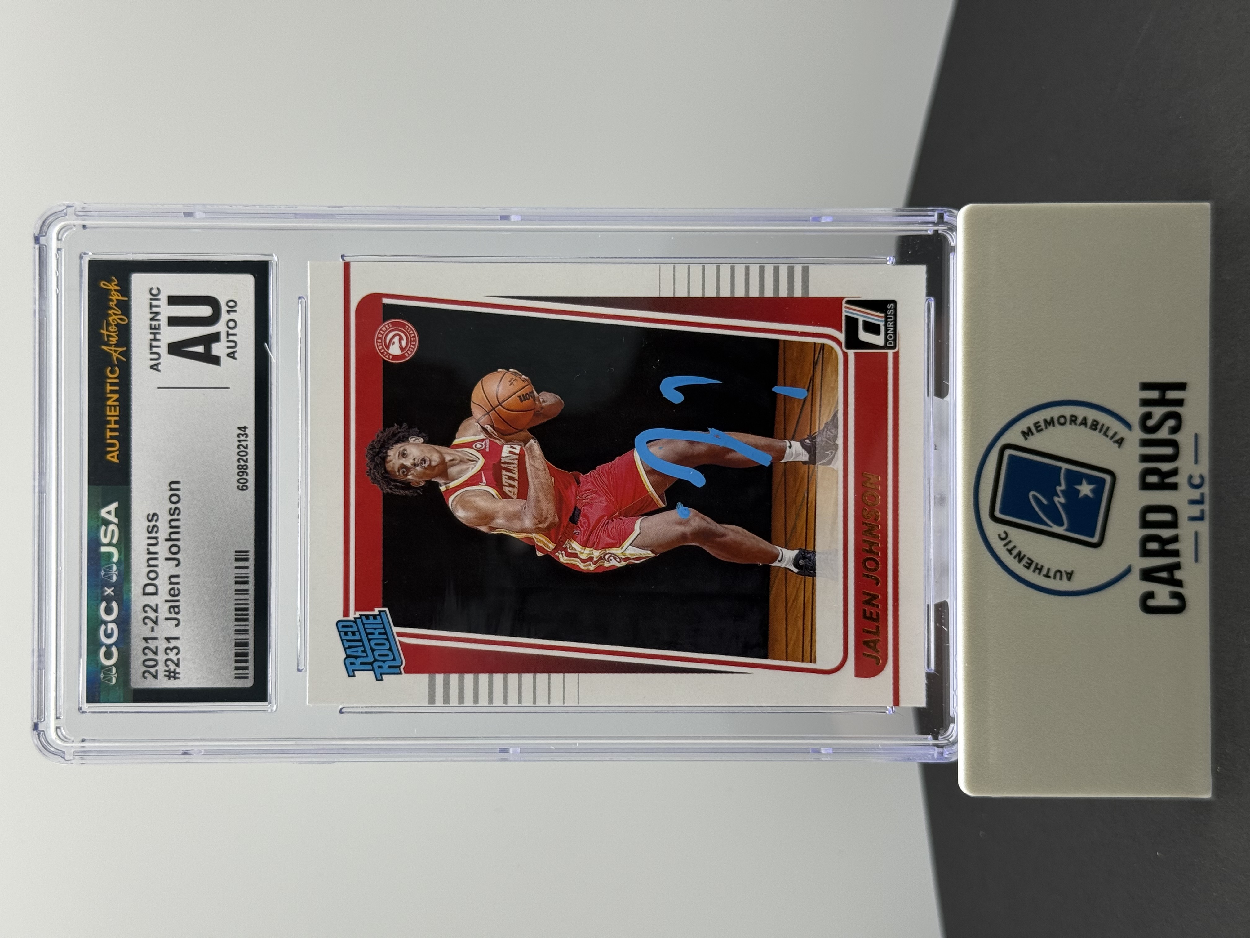 2021-22 Donruss #231 Jalen Johnson Rated Rookie IP Auto CGC/JSA Authentic Auto 10 Atlanta Hawks RC, front