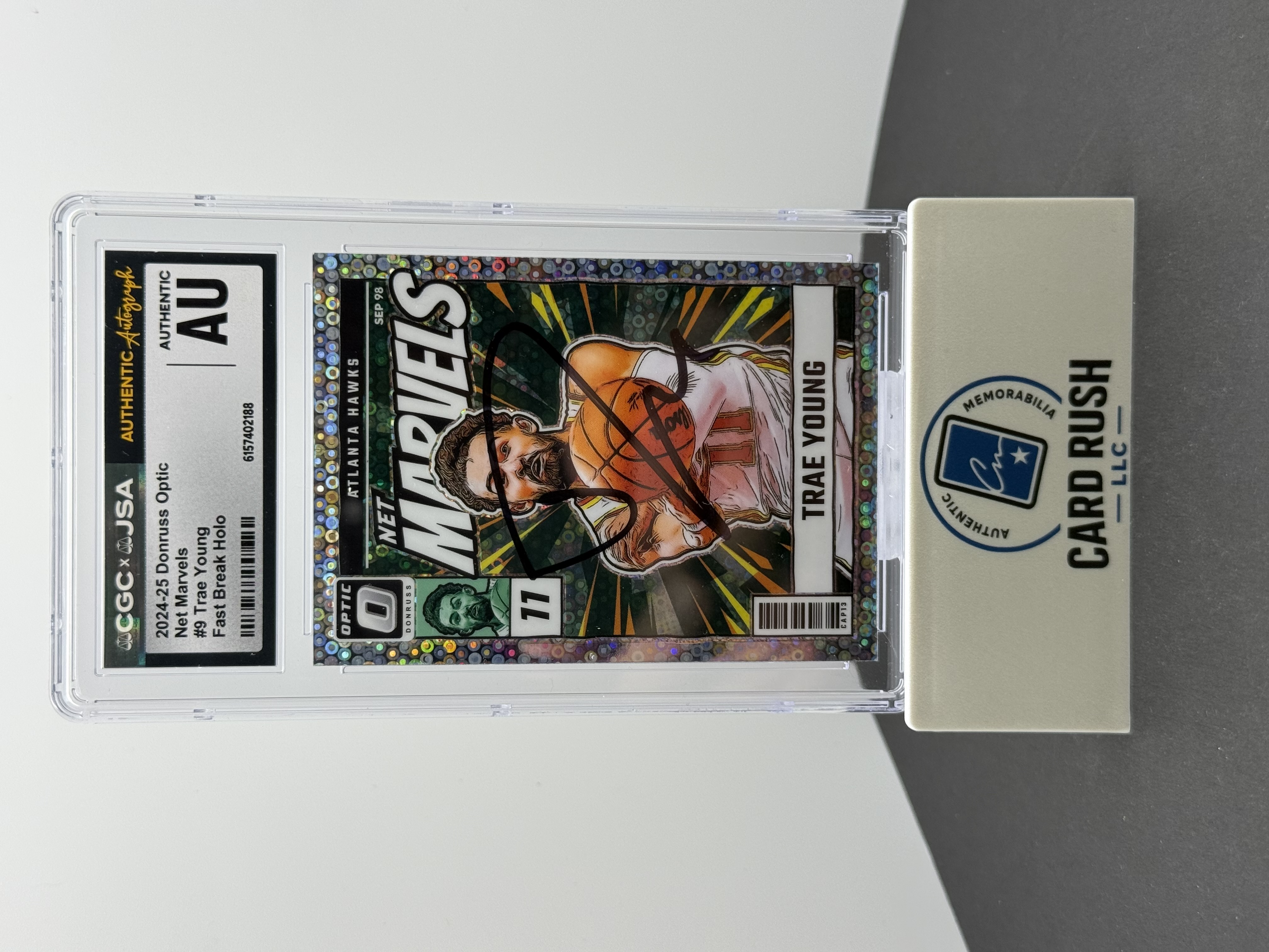 2024-25 Donruss Optic Net Marvels Fast Break Holo #9 Trae Young Auto CGC/JSA Authentic, front