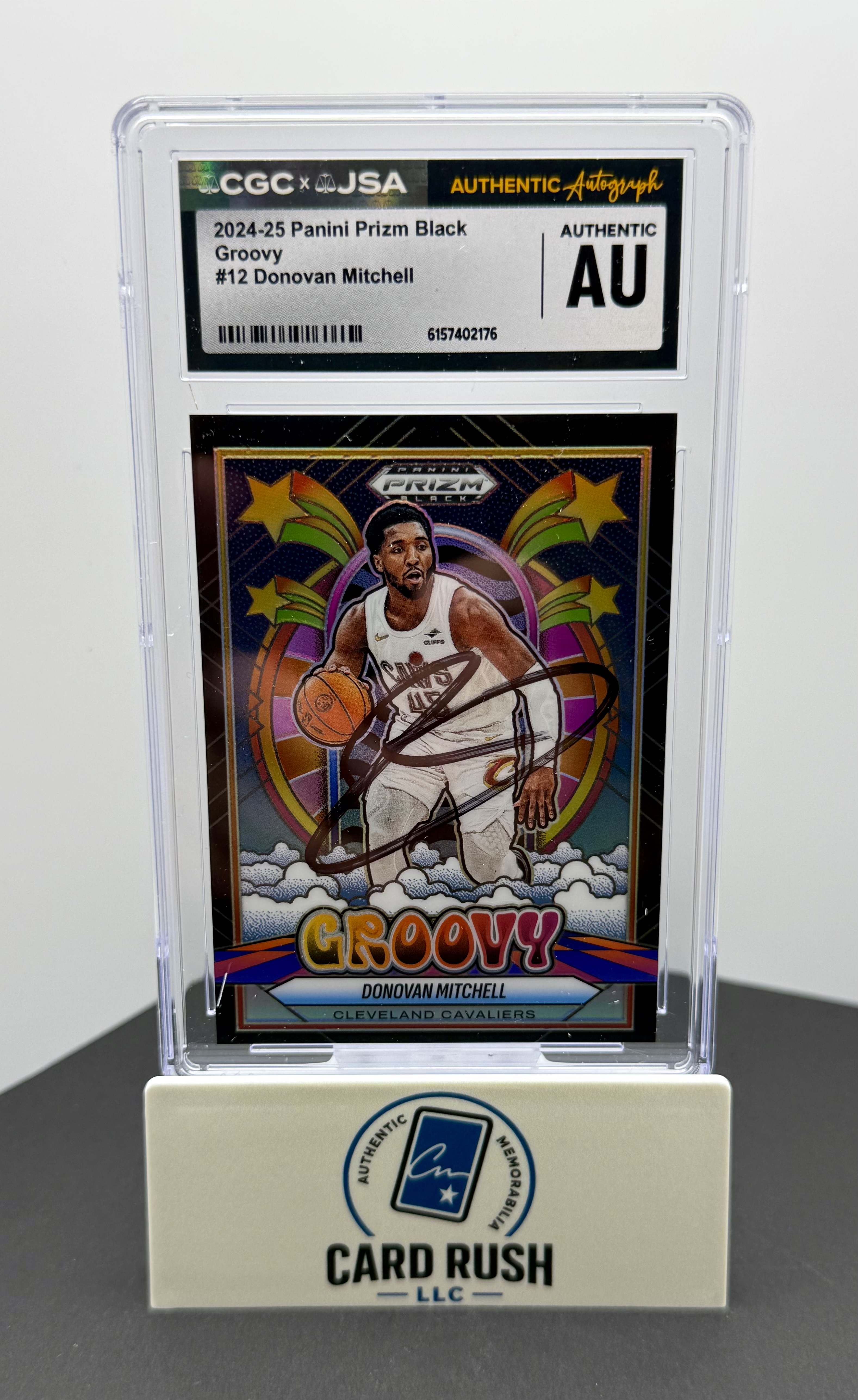 2024-25 Panini Prizm Black Groovy #12 Donovan Mitchell IP Autograph CGC/JSA Authentic, front