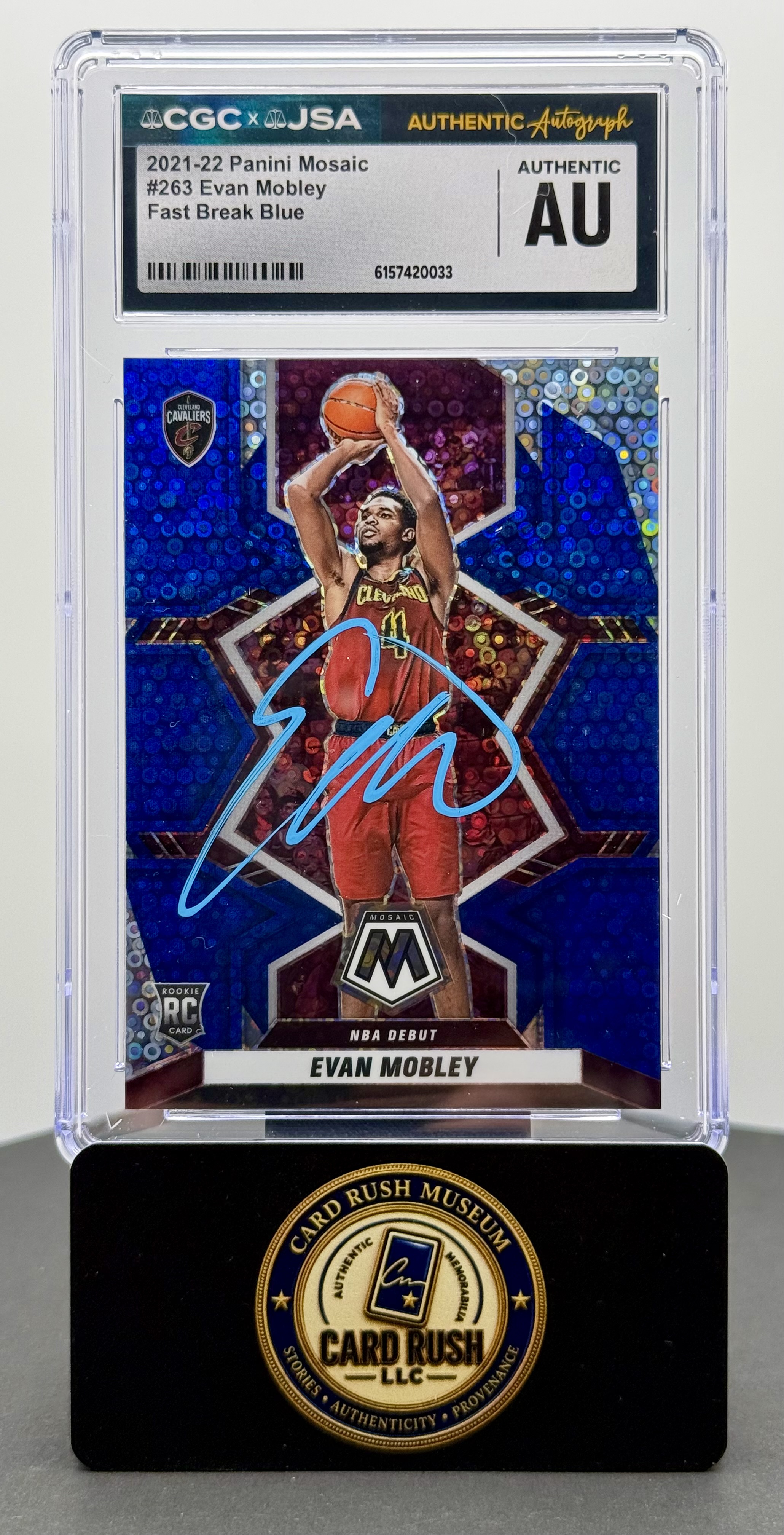 2021-22 Panini Mosaic Fast Break Blue #263 Evan Mobley RC Auto /85 CGC/JSA Authentic Autograph, front